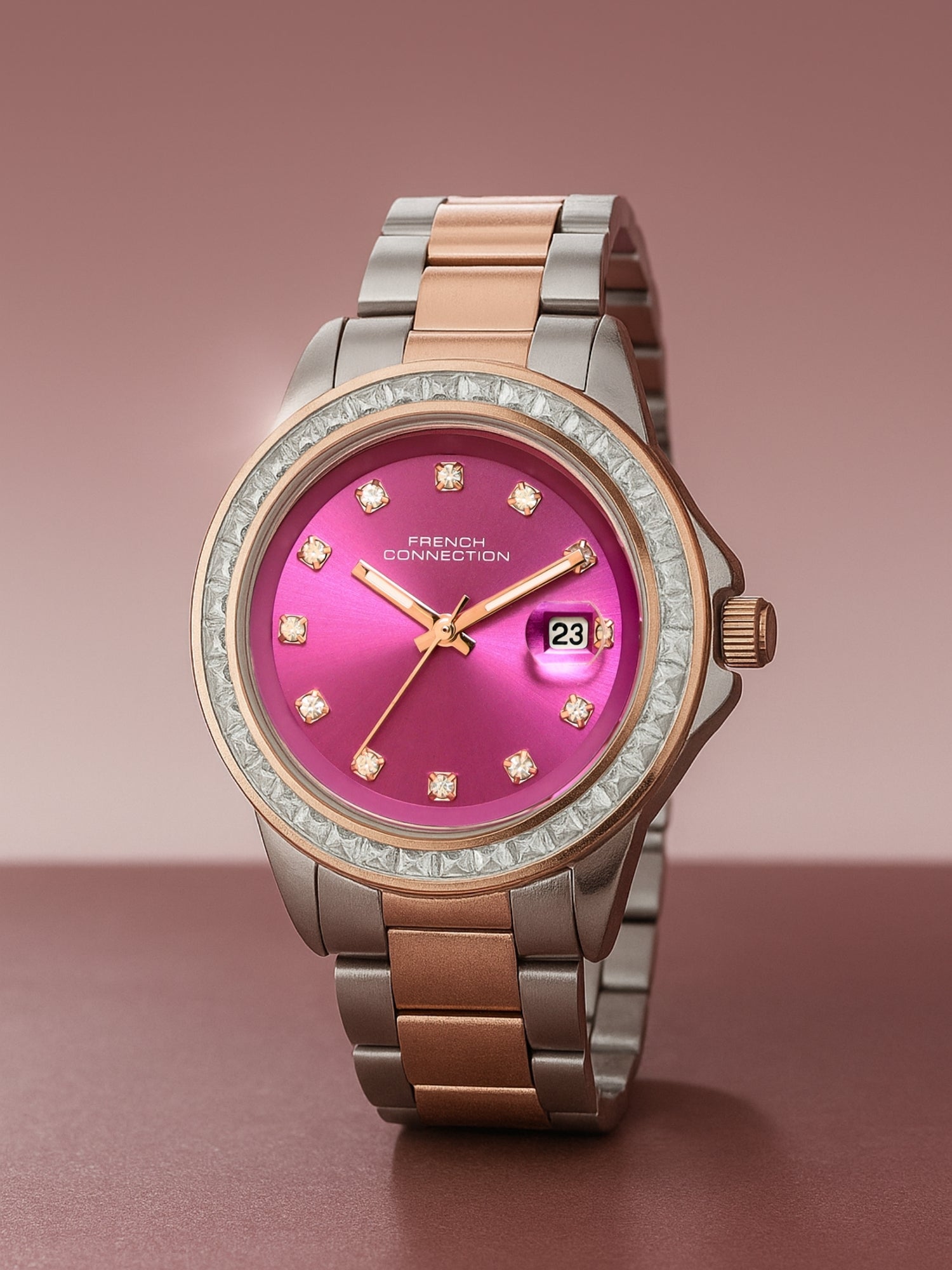 French Connection Sunray Purple Round Dial With Rose Two Tone Stainless Steel Strap Watch - For Womens FCH26RTM