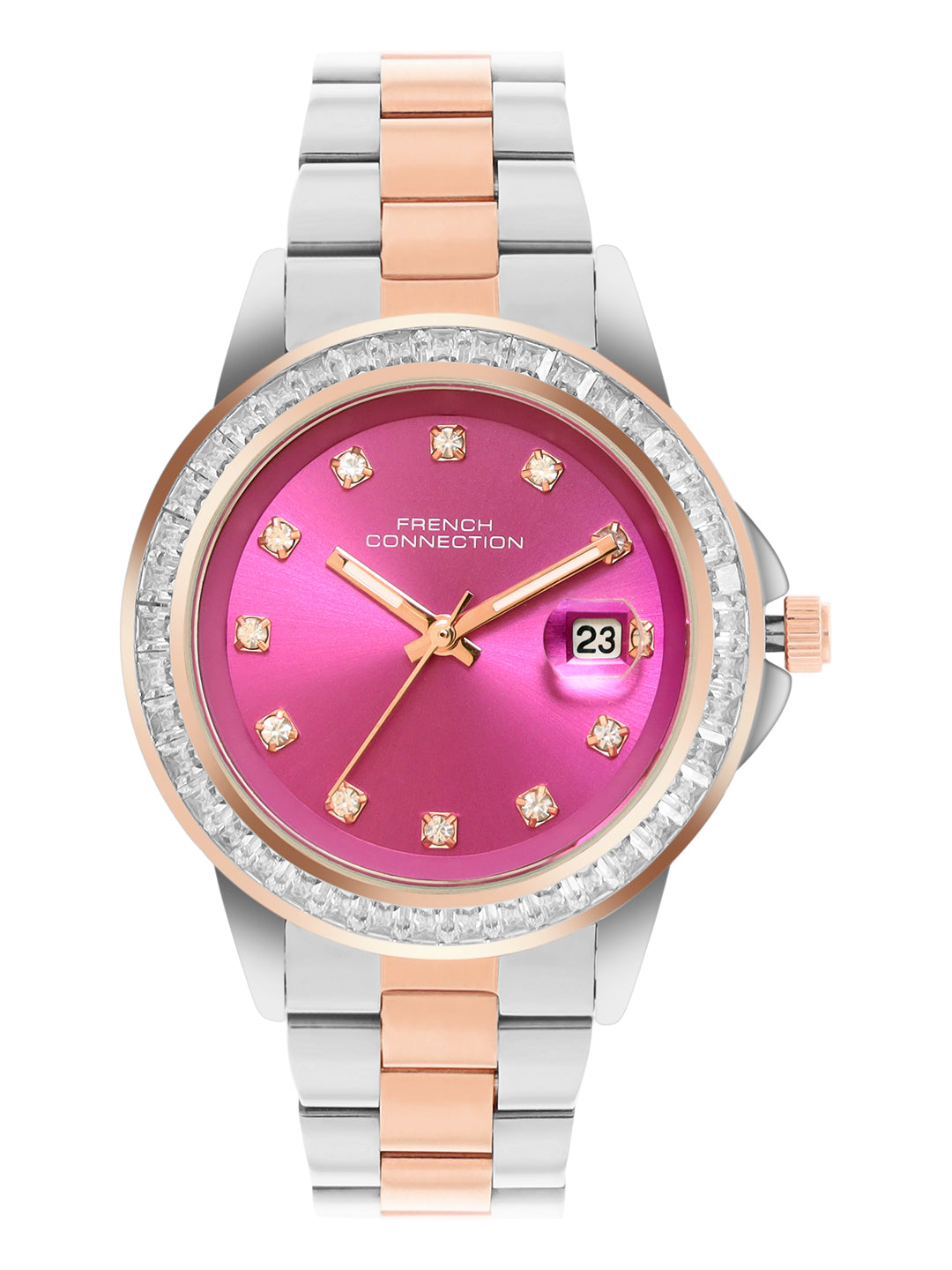 French Connection Sunray Purple Round Dial With Rose Two Tone Stainless Steel Strap Watch - For Womens FCH26RTM