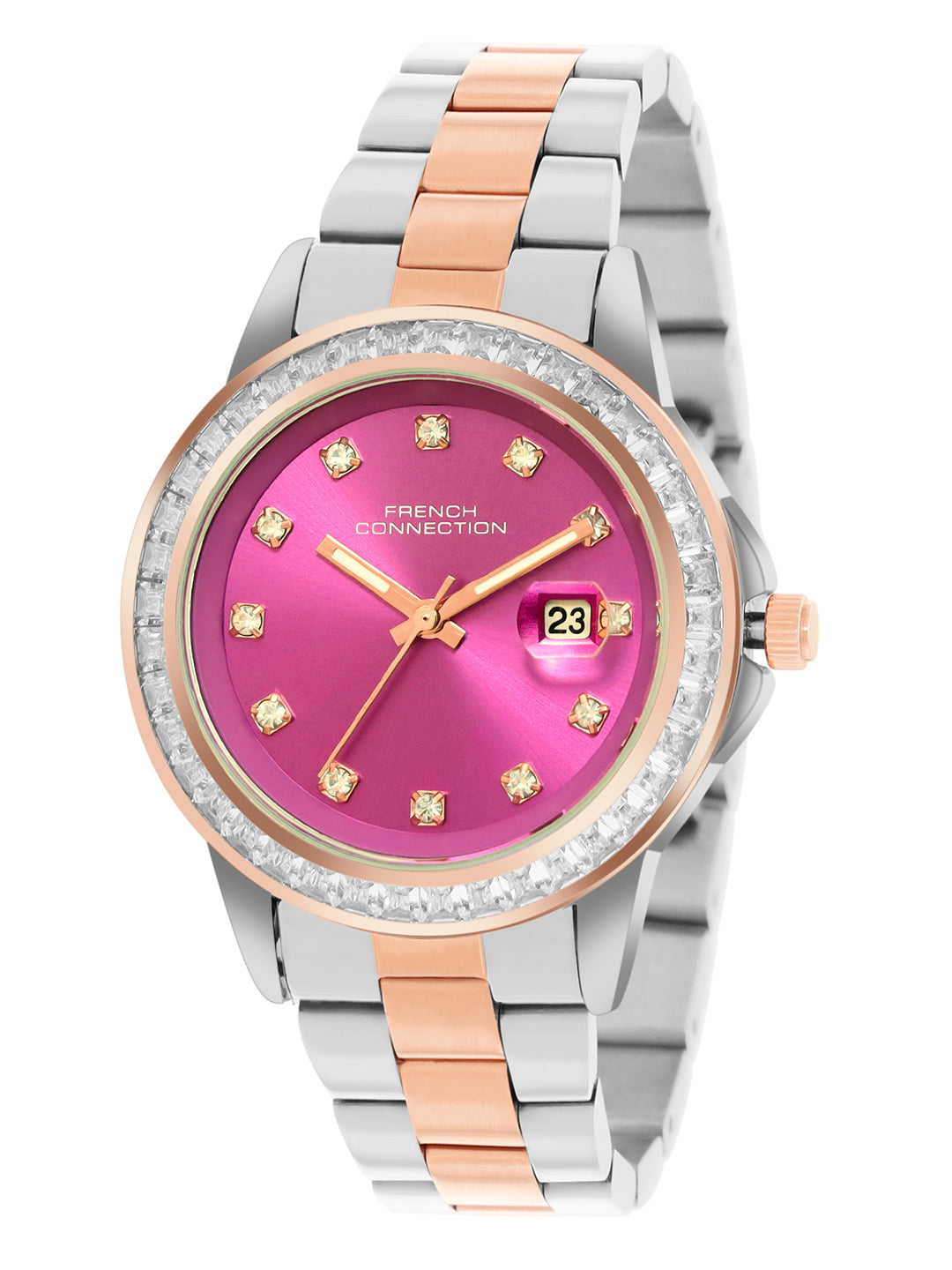 French Connection Sunray Purple Round Dial With Rose Two Tone Stainless Steel Strap Watch - For Womens FCH26RTM