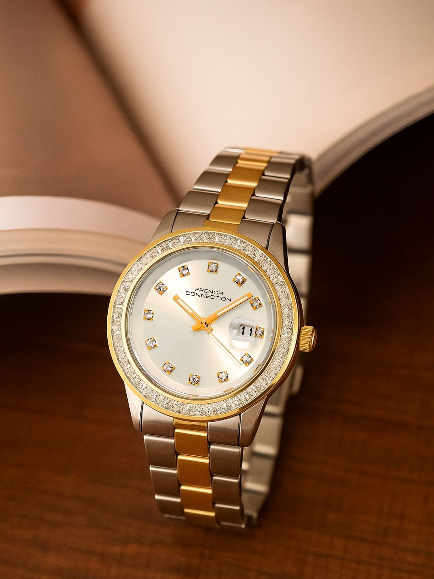 French Connection Sunray Silver Round Dial With Stainless Steel Strap Watch - For Womens FCH26TM