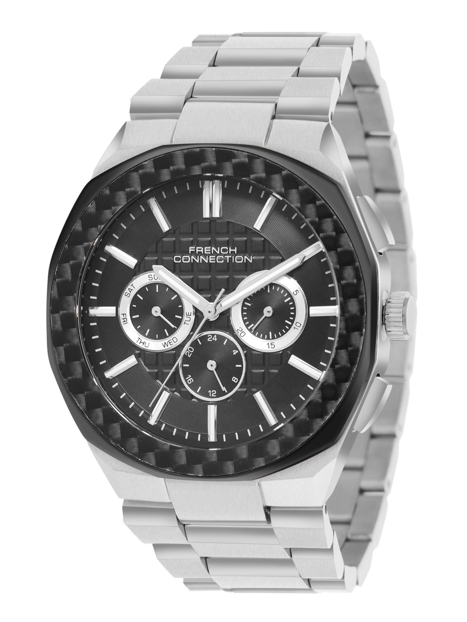 French Connection Textured Black Round Dial With Stainless Steel Multifunction Watch - For Mens FCH27BSM