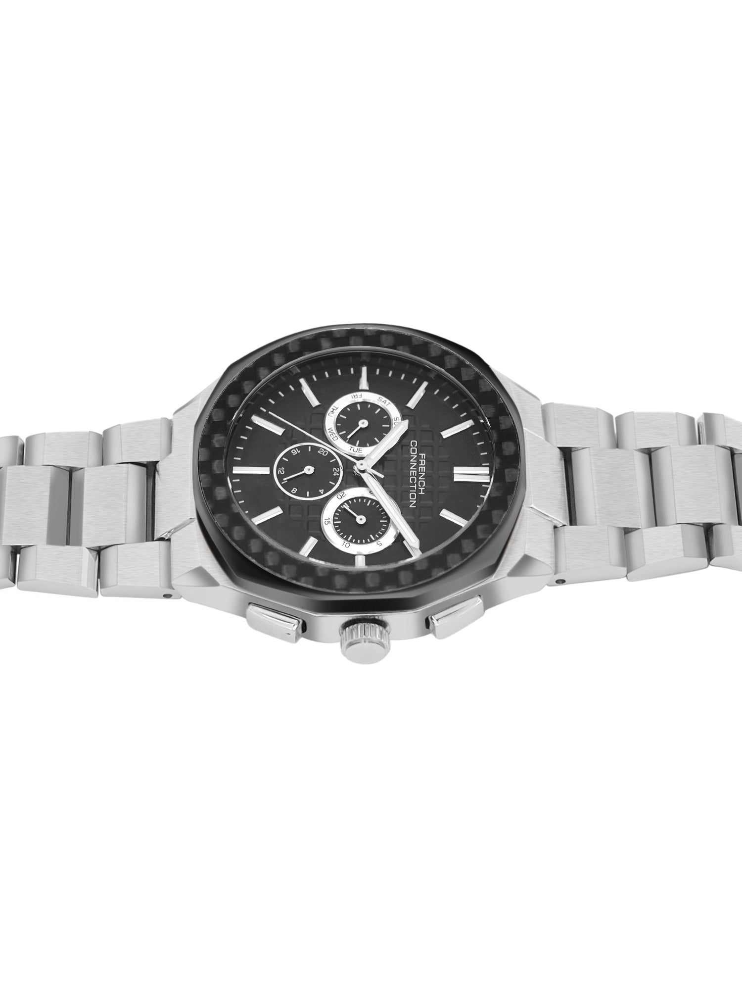 French Connection Textured Black Round Dial With Stainless Steel Multifunction Watch - For Mens FCH27BSM