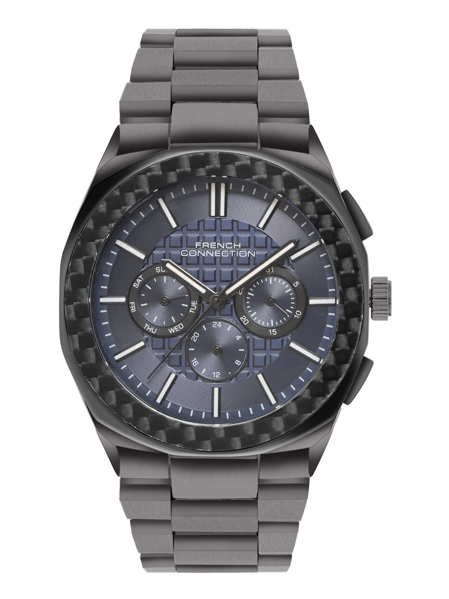 French Connection Textured Blue Round Dial With Stainless Steel Multifunction Watch - For Mens FCH27GNM