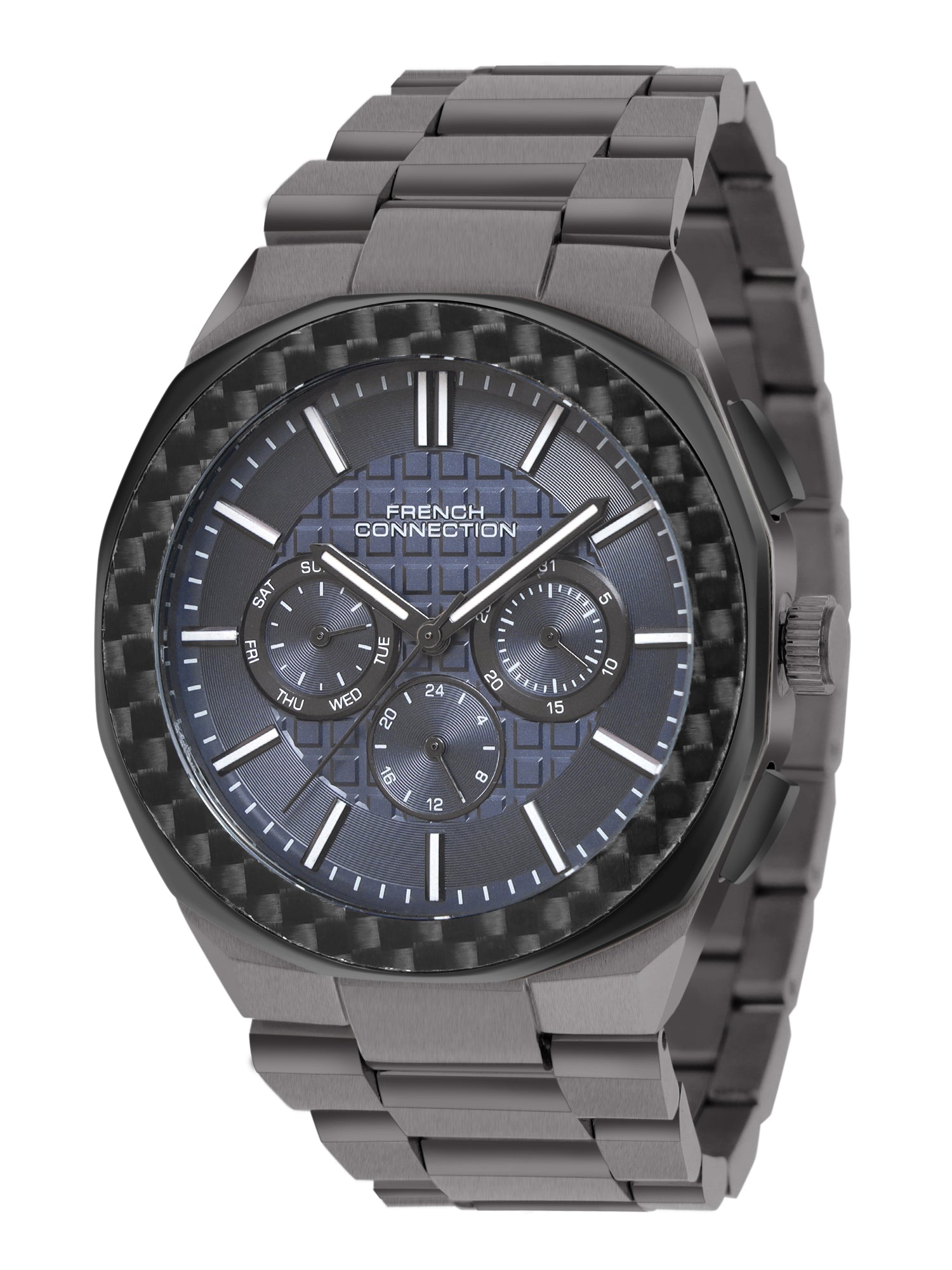 French Connection Textured Blue Round Dial With Stainless Steel Multifunction Watch - For Mens FCH27GNM