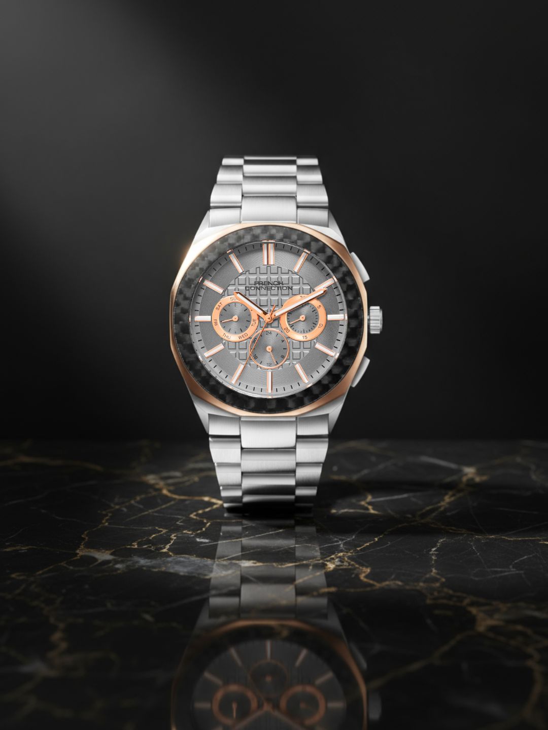 French Connection Textured Grey Round Dial With Stainless Steel Multifunction Watch - For Mens FCH27SM