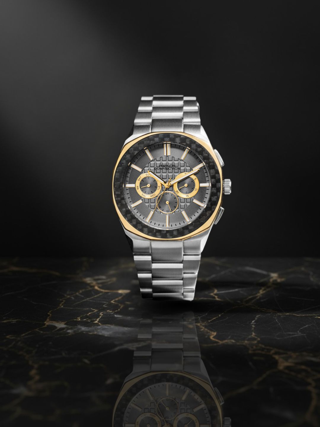 French Connection Textured Grey Round Dial With Stainless Steel Strap Multifunction Watch - For Mens FCH27TM