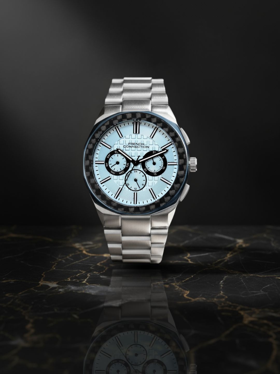 French Connection Textured Blue Round Dial With Stainless SteelbStrap Multifunction Watch - For Mens FCH27USM