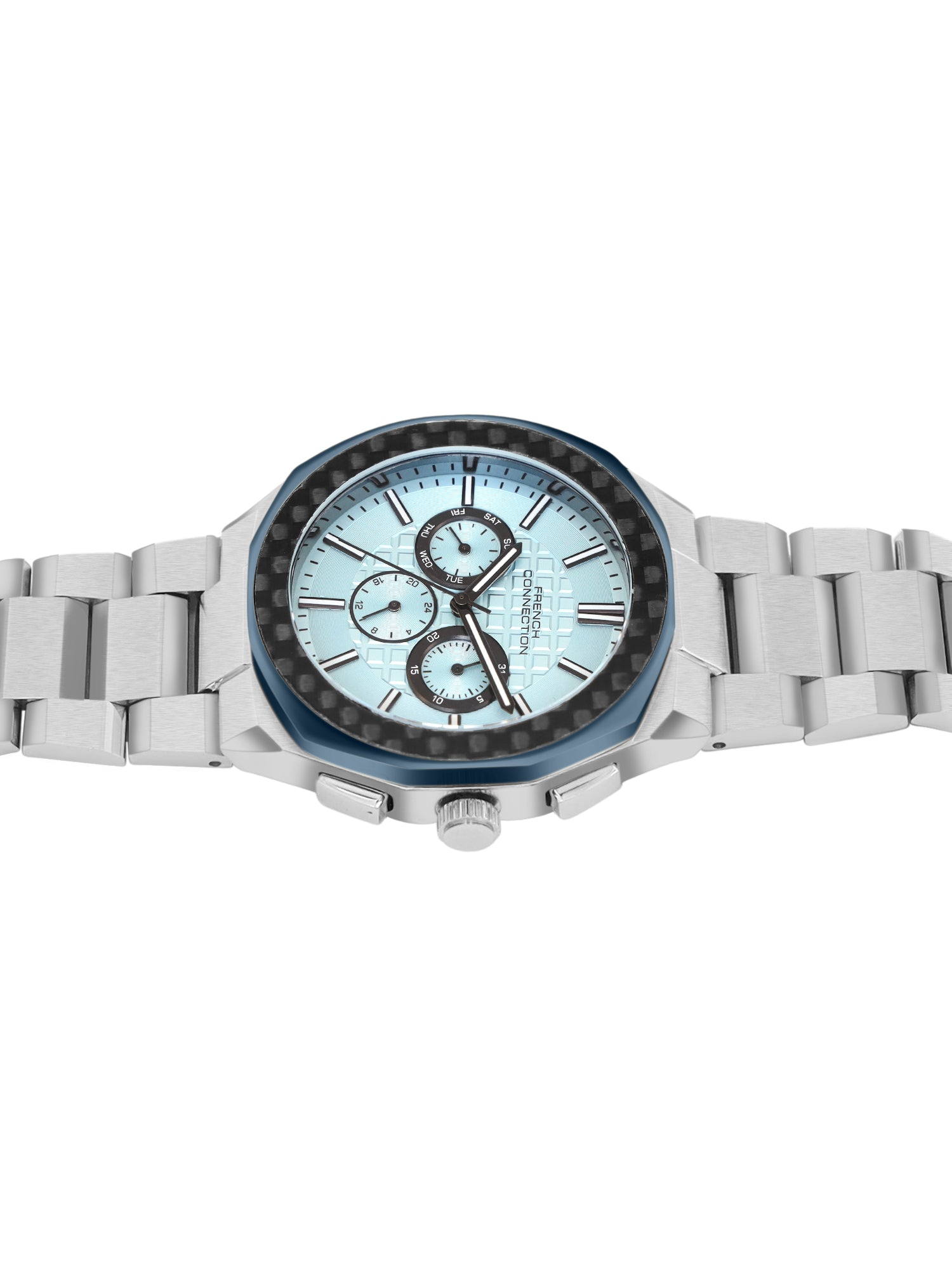 French Connection Textured Blue Round Dial With Stainless SteelbStrap Multifunction Watch - For Mens FCH27USM