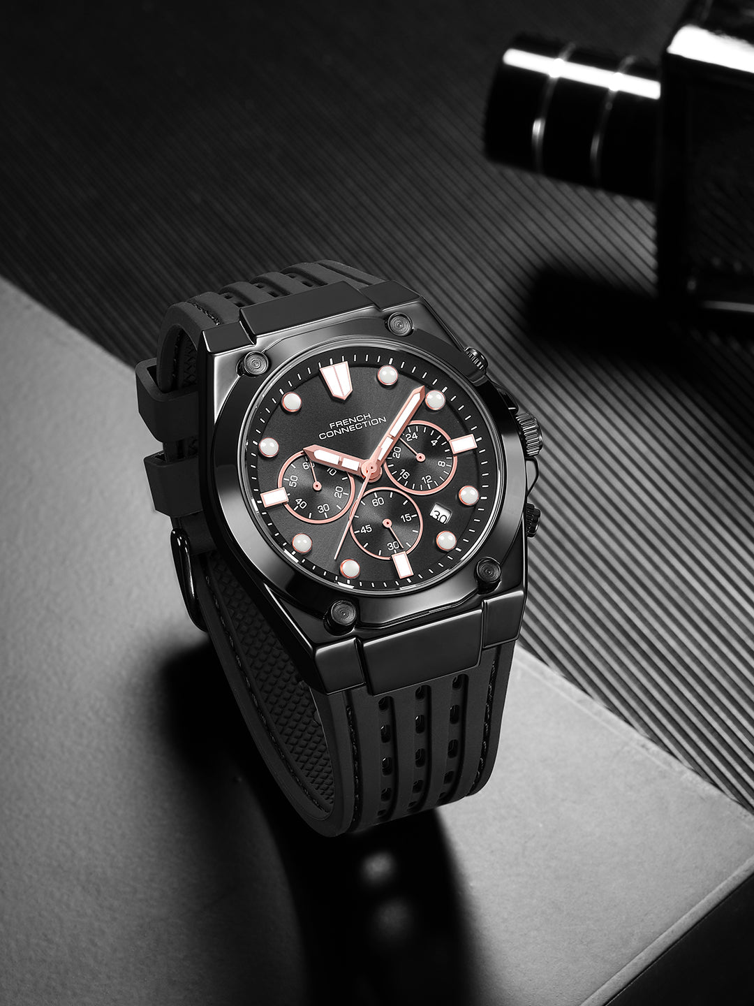 French Connection Stratonix | Quartz Chronograph | Black Sunray Dial | Silicone Strap | Watch for Men - FCH28BBL