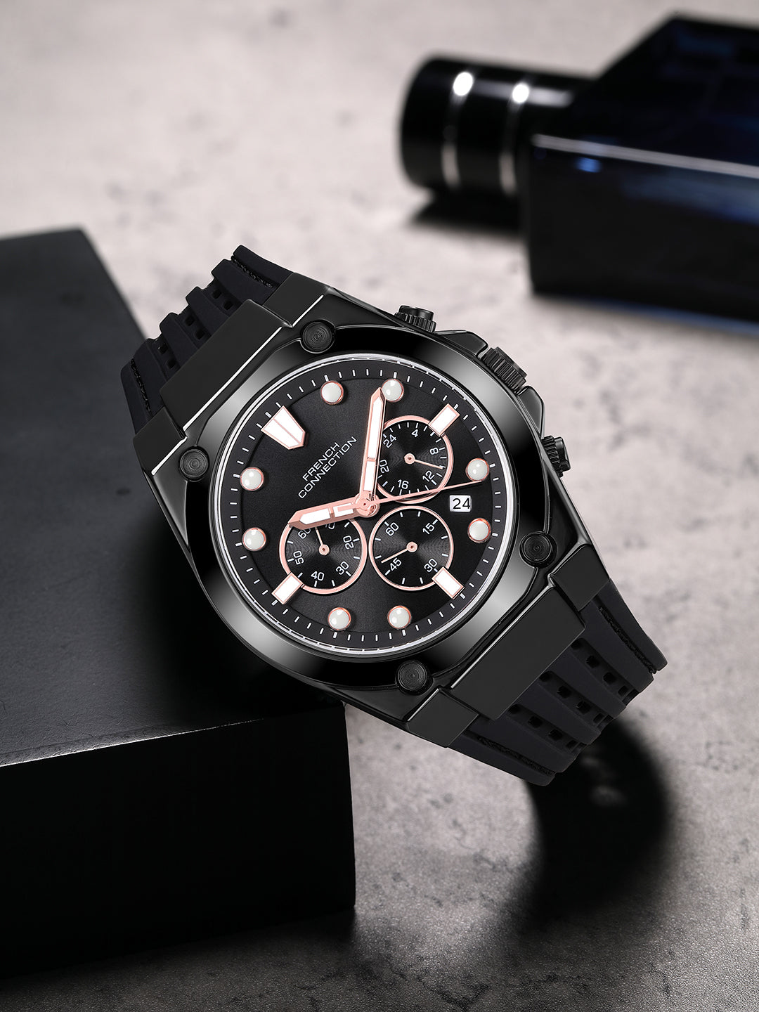 French Connection Stratonix | Quartz Chronograph | Black Sunray Dial | Silicone Strap | Watch for Men - FCH28BBL