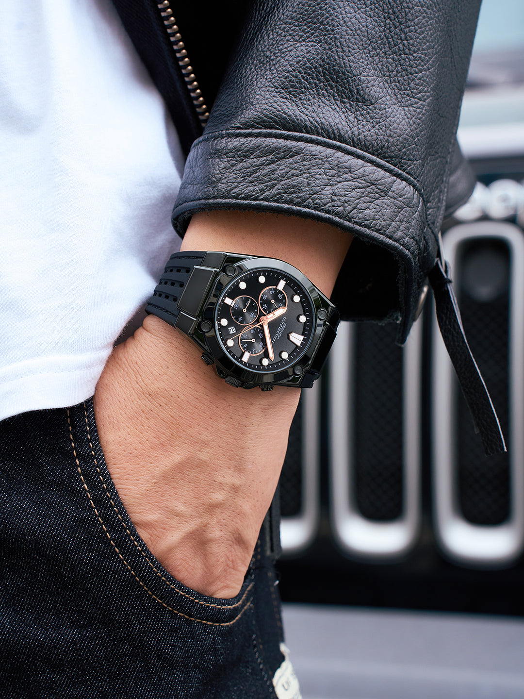 French Connection Stratonix | Quartz Chronograph | Black Sunray Dial | Silicone Strap | Watch for Men - FCH28BBL