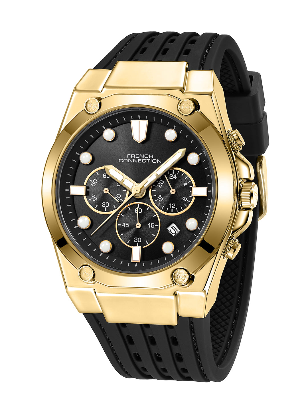 French Connection Stratonix | Quartz Chronograph | Black Sunray Dial | Silicone Strap | Watch for Men - FCH28GBL