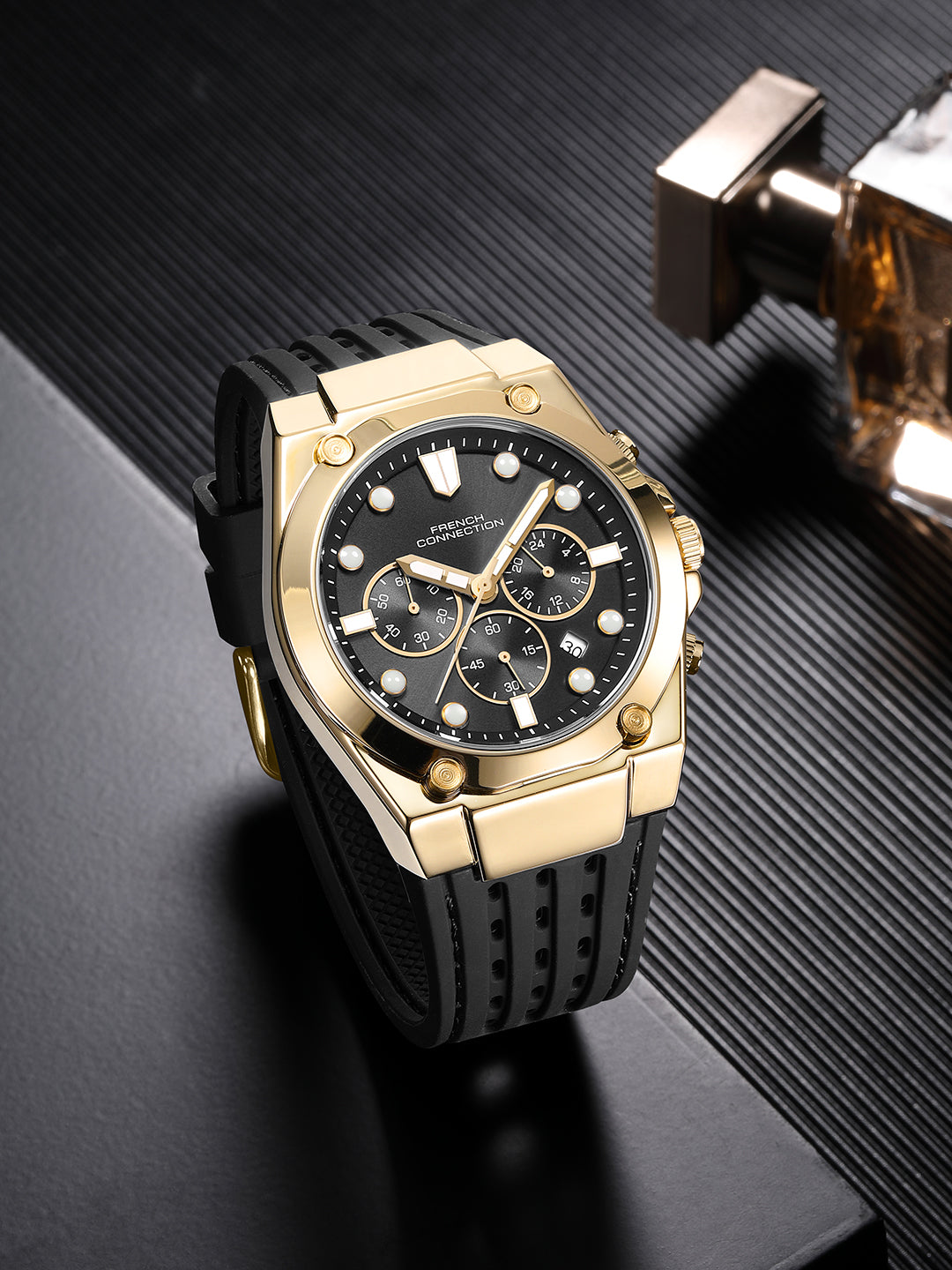 French Connection Stratonix | Quartz Chronograph | Black Sunray Dial | Silicone Strap | Watch for Men - FCH28GBL
