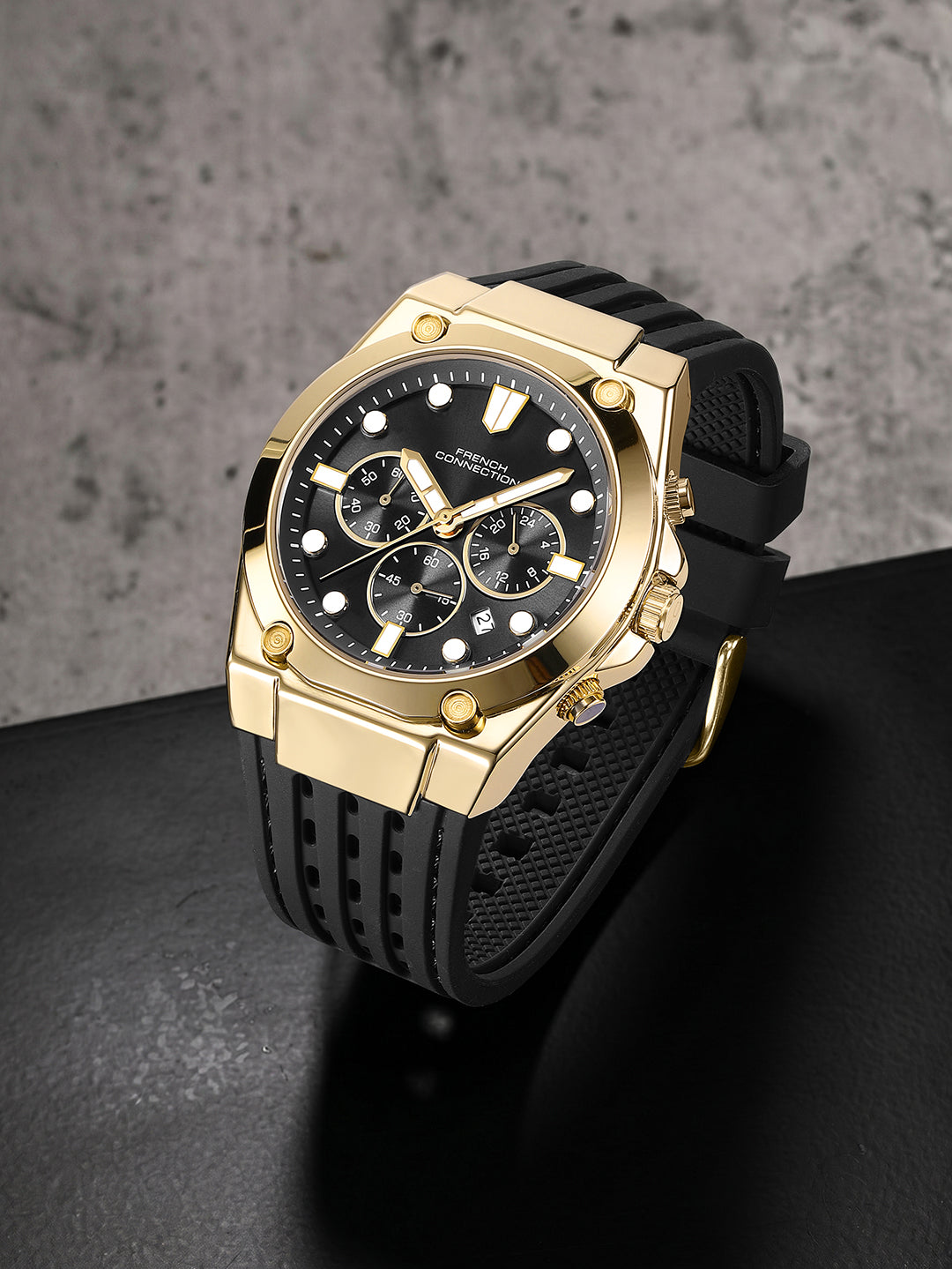 French Connection Stratonix | Quartz Chronograph | Black Sunray Dial | Silicone Strap | Watch for Men - FCH28GBL