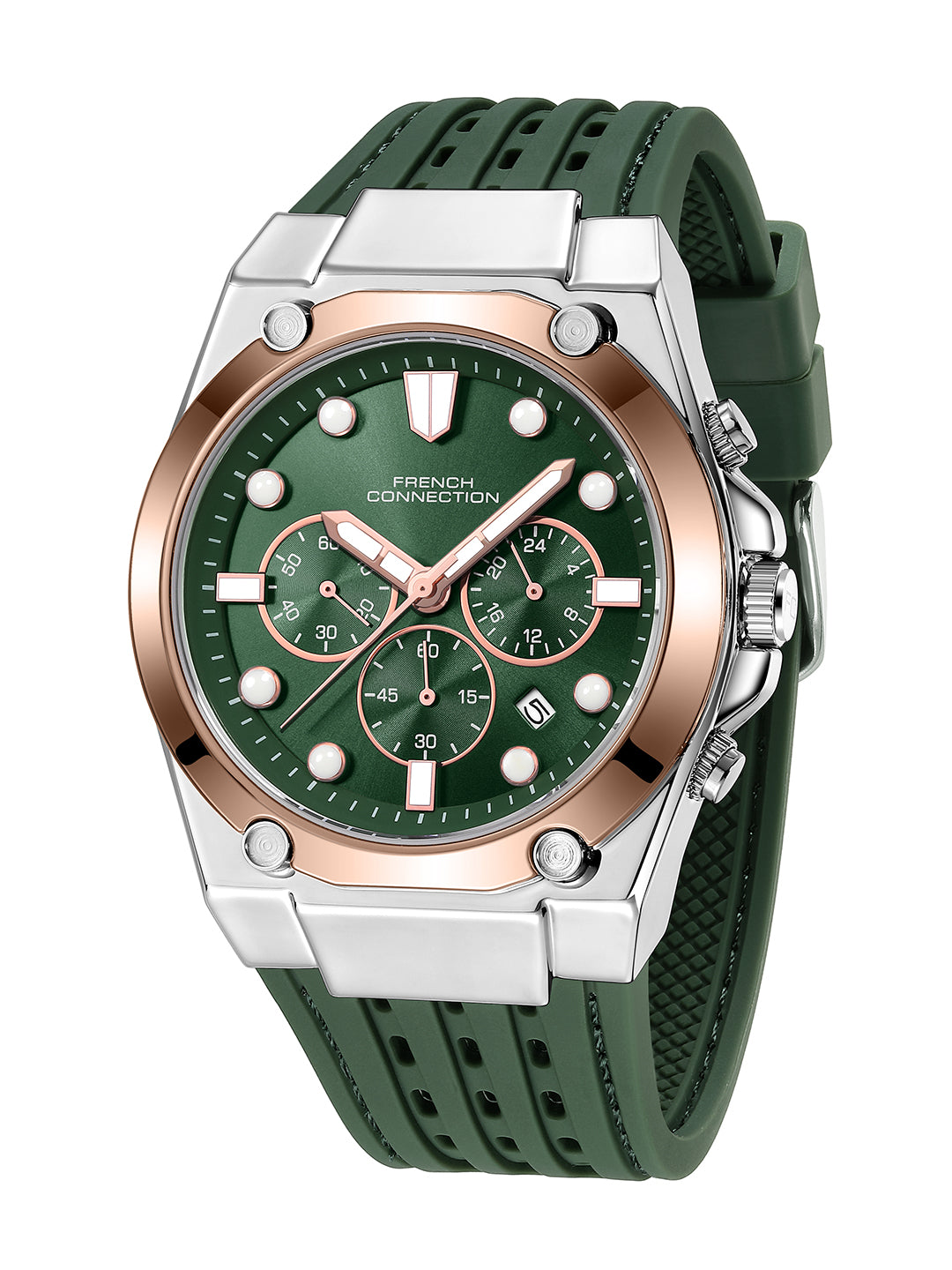 French Connection Stratonix | Quartz Chronograph | Green Sunray Dial | Silicone Strap | Watch for Men - FCH28RBL