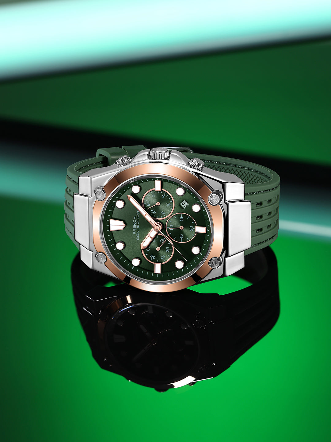French Connection Stratonix | Quartz Chronograph | Green Sunray Dial | Silicone Strap | Watch for Men - FCH28RBL