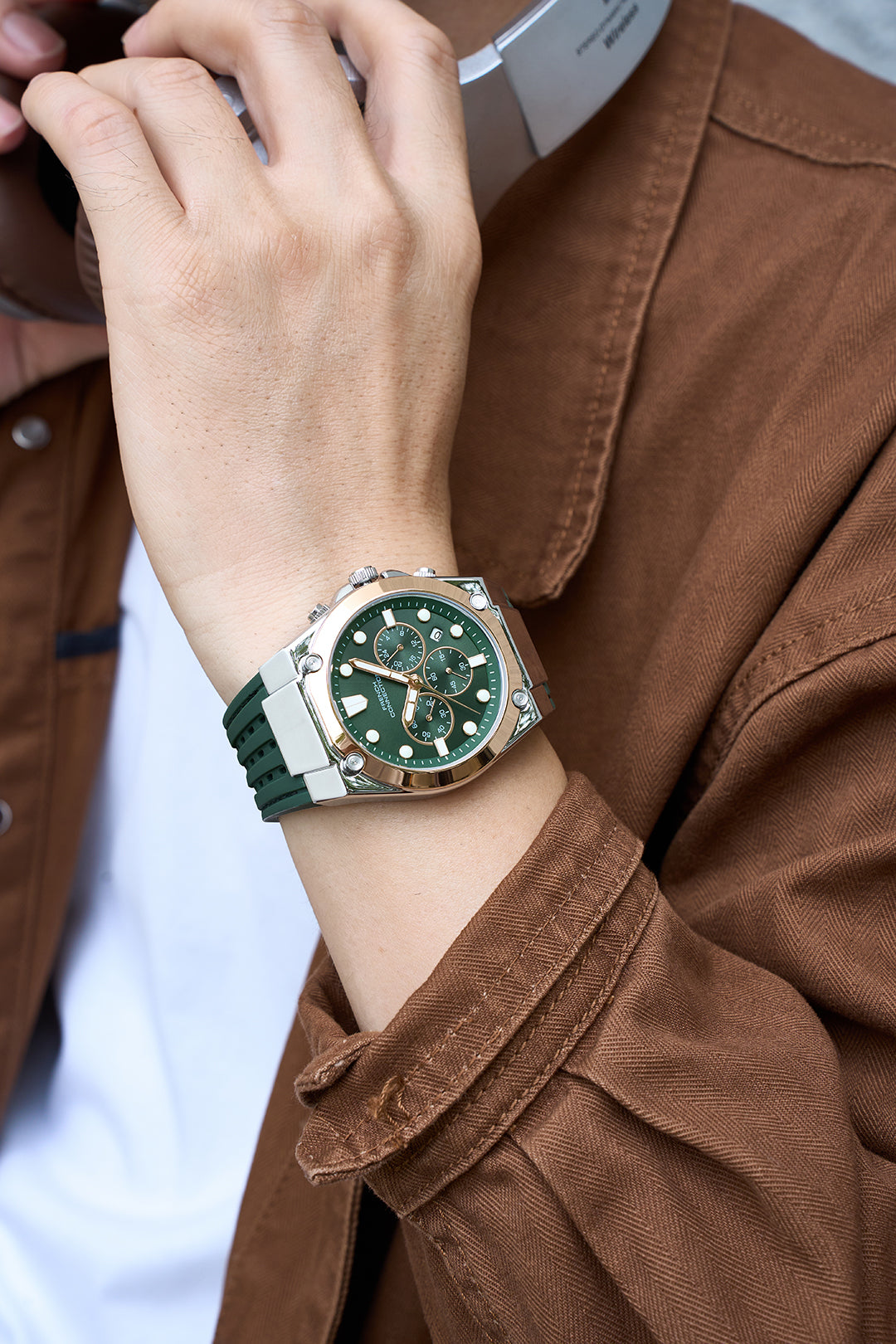 French Connection Stratonix | Quartz Chronograph | Green Sunray Dial | Silicone Strap | Watch for Men - FCH28RBL