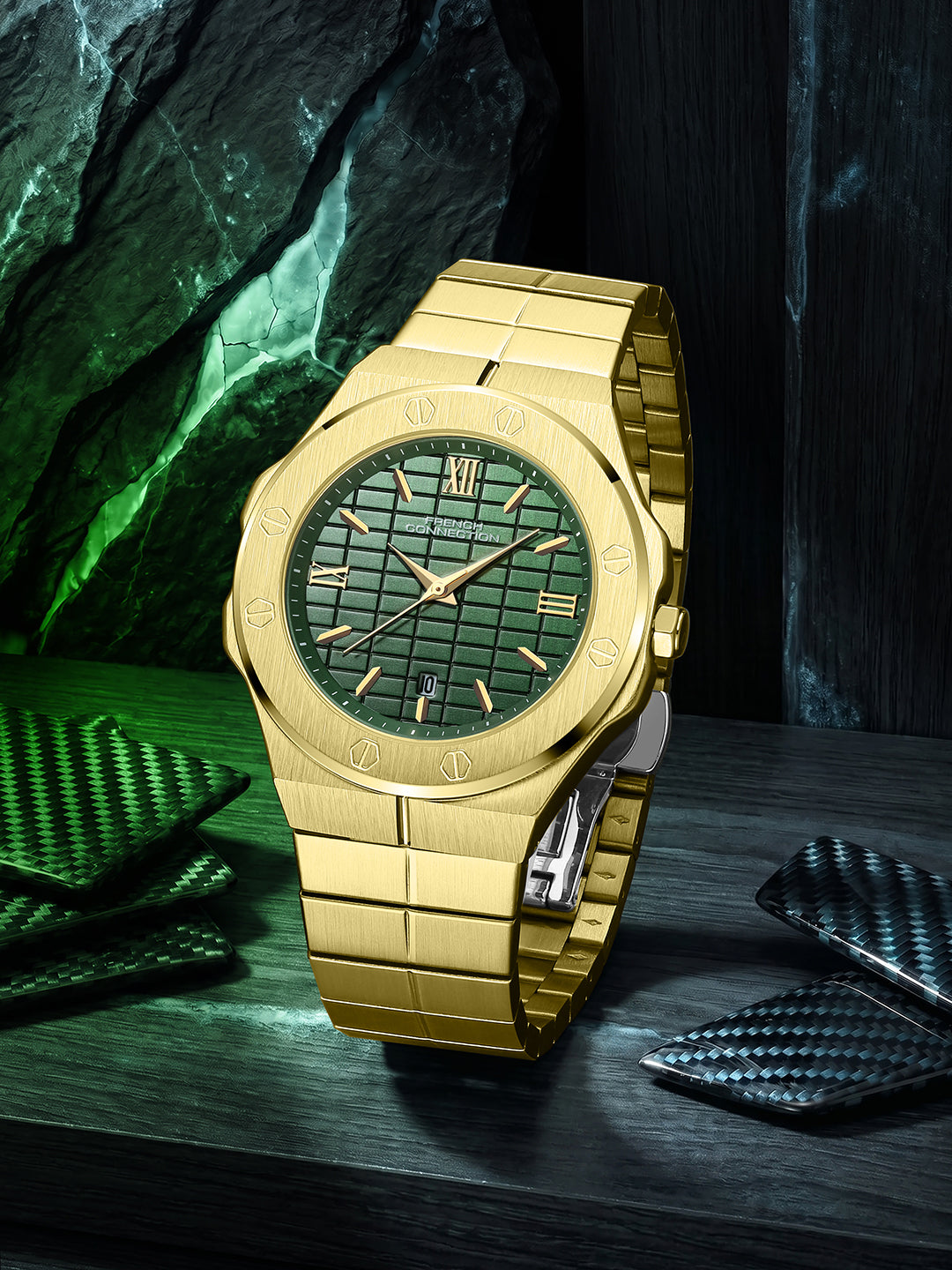 French Connection Roman Heritage | Quartz Analog Display | Green Dated Dial | Stainless Steel Strap | Watch for Men - FCH29NGM