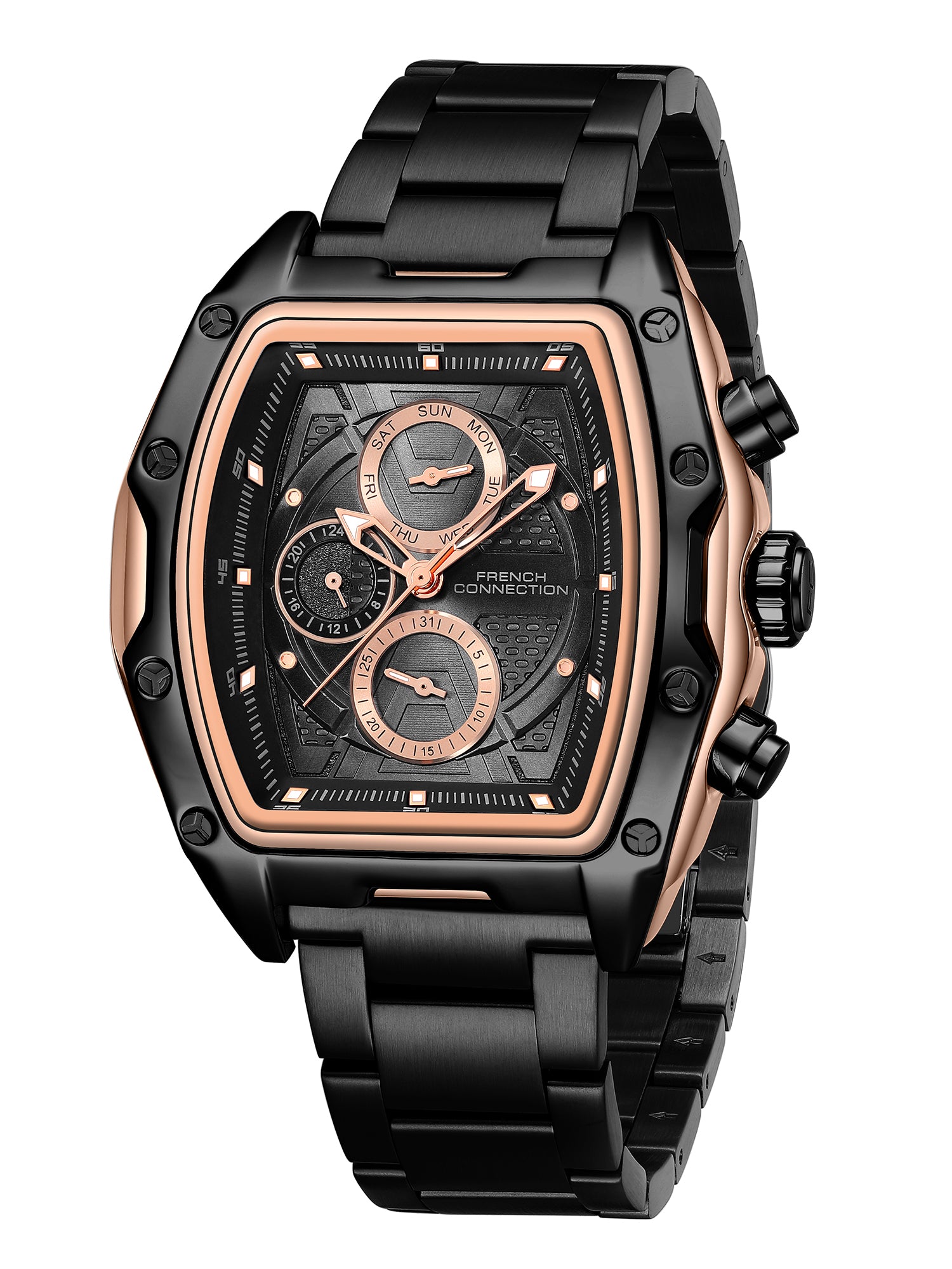 French Connection Powerchron | Tonneau Chronograph | Black Dial | Stainless Steel Strap | Watch for Men - FCH30BBM
