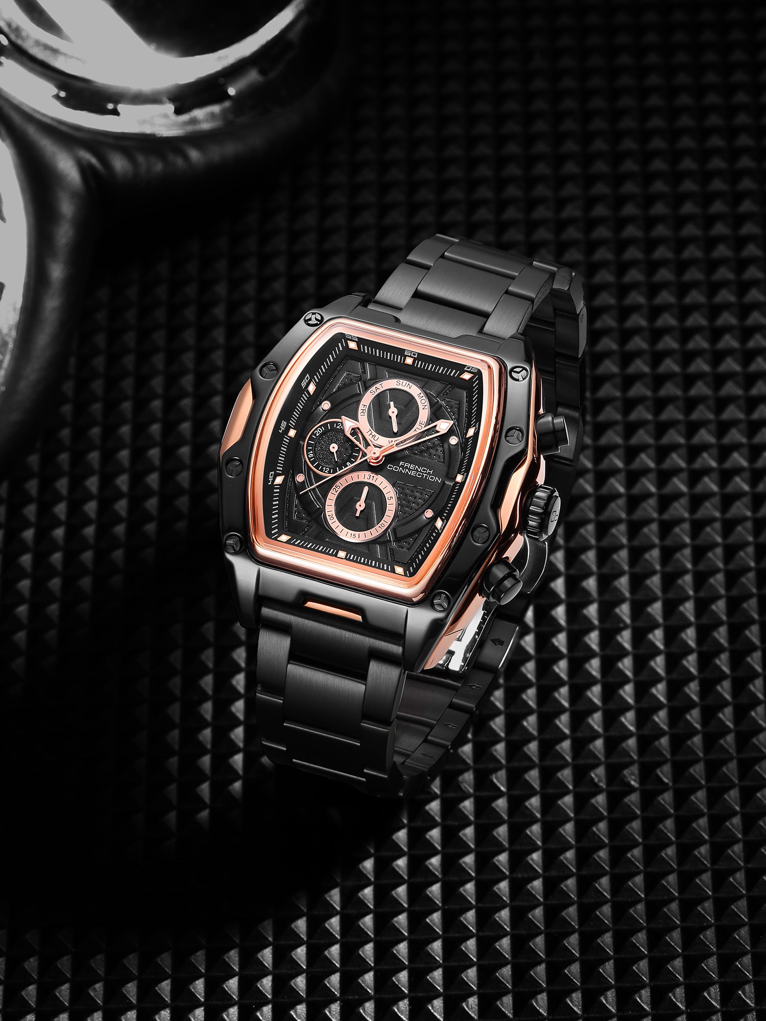 French Connection Powerchron | Tonneau Chronograph | Black Dial | Stainless Steel Strap | Watch for Men - FCH30BBM