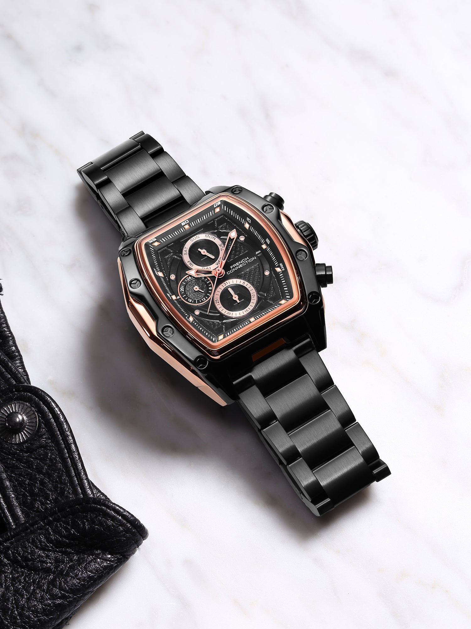 French Connection Powerchron | Tonneau Chronograph | Black Dial | Stainless Steel Strap | Watch for Men - FCH30BBM
