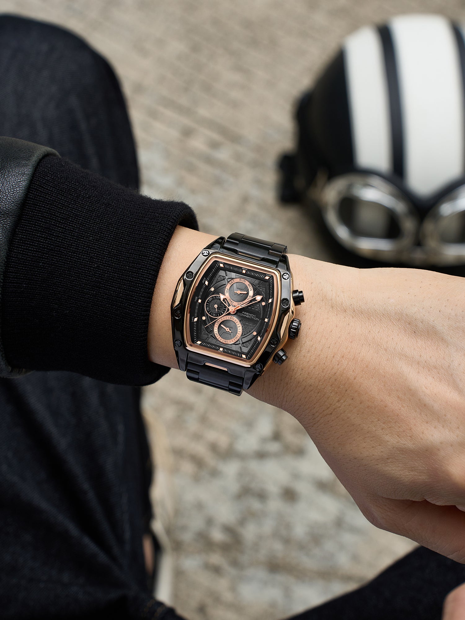 French Connection Powerchron | Tonneau Chronograph | Black Dial | Stainless Steel Strap | Watch for Men - FCH30BBM