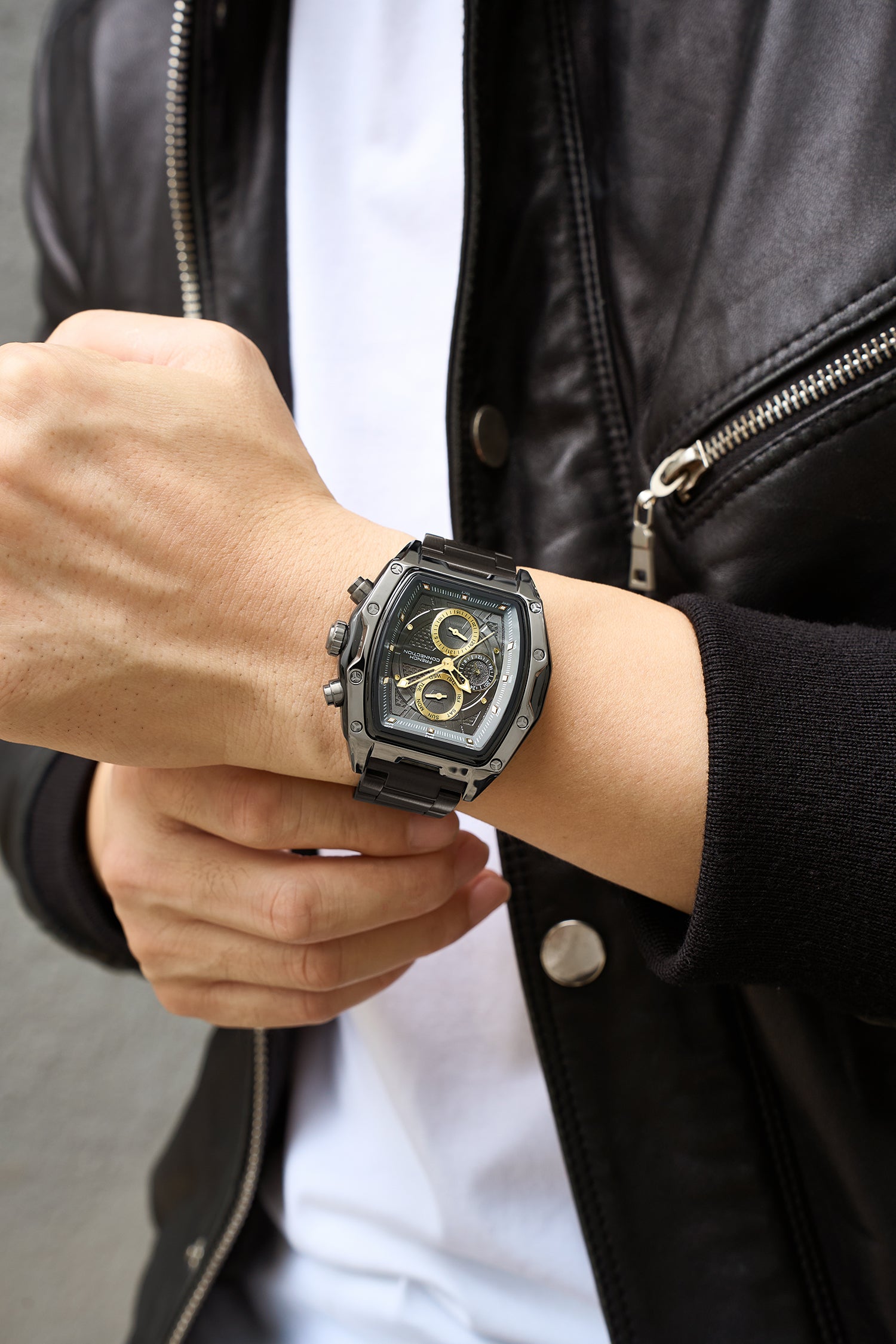 French Connection Powerchron | Tonneau Chronograph | Grey Textured Dial | Stainless Steel Strap | Watch for Men - FCH30BM