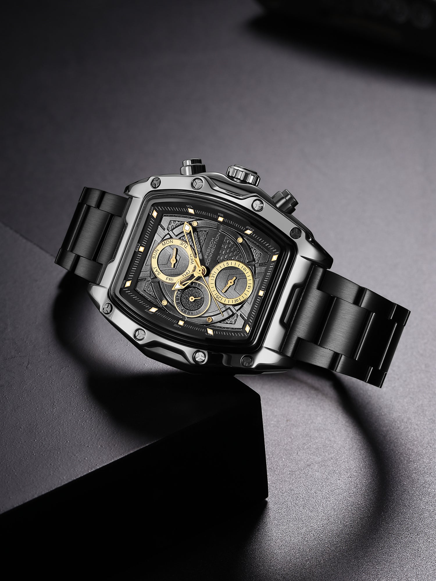 French Connection Powerchron | Tonneau Chronograph | Grey Textured Dial | Stainless Steel Strap | Watch for Men - FCH30BM