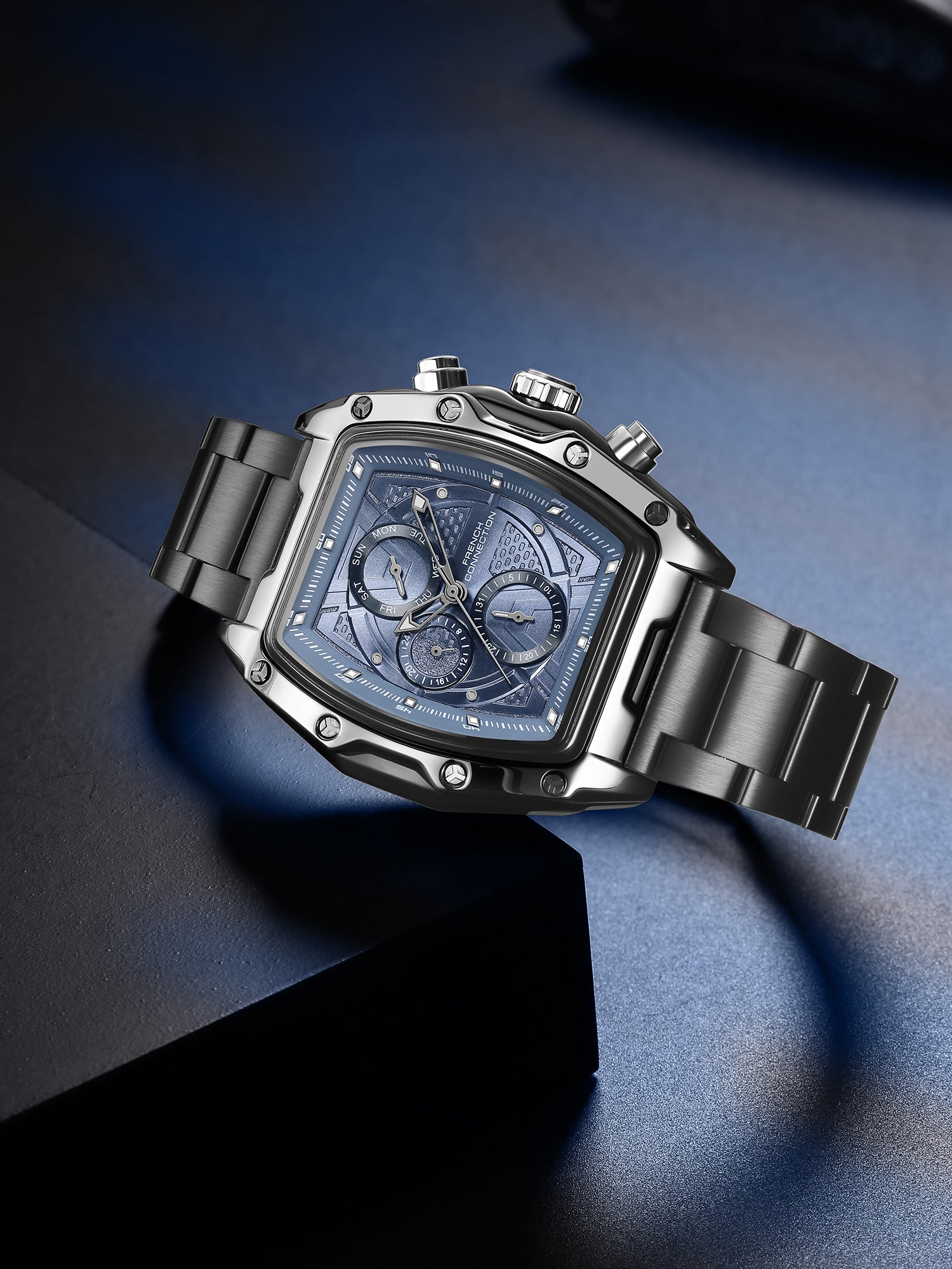 French Connection Powerchron | Tonneau Chronograph | Blue Textured Dial | Stainless Steel Strap | Watch for Men - FCH30GNM