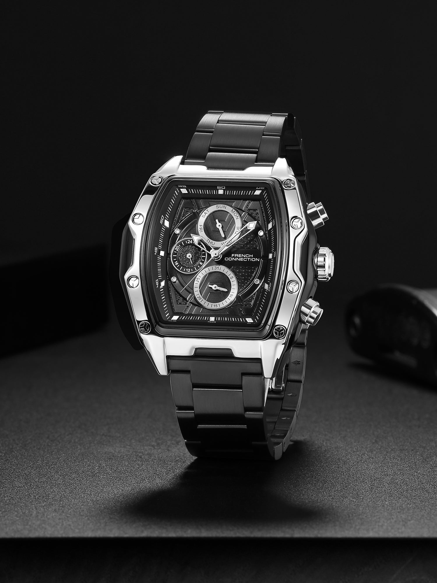 French Connection Powerchron | Tonneau Chronograph | Black Textured Dial | Stainless Steel Strap | Watch for Men - FCH30SBM