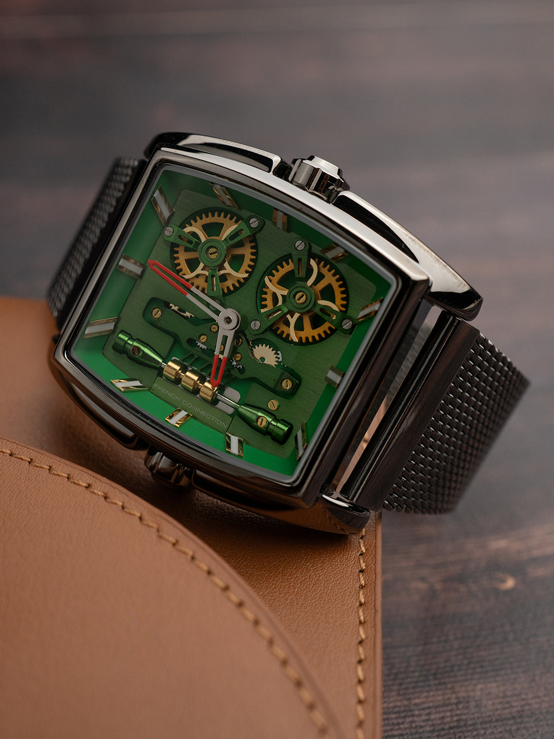 French connection Barrel Green Tonneau Dial Mens Analogue Watch FCM02GNM