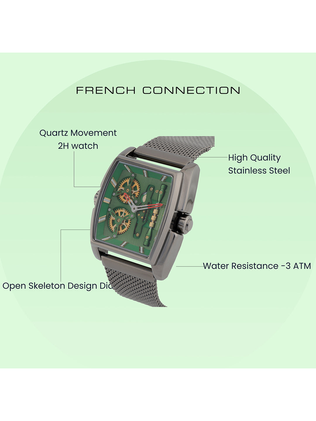 French connection Barrel Green Tonneau Dial Mens Analogue Watch FCM02GNM