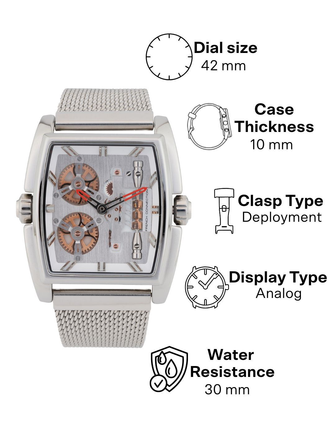 French connection Barrel Silver Tonneau Dial Mens Analogue Watch FCM02SM
