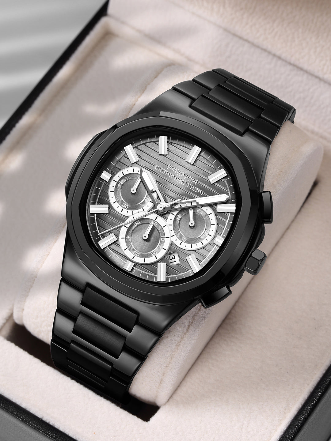 French Connection Zener | Chronograph | Date Black Round Dial | Black Stainless Steel Strap | Texture Feature Wrist Watch for Men - FCM05BM