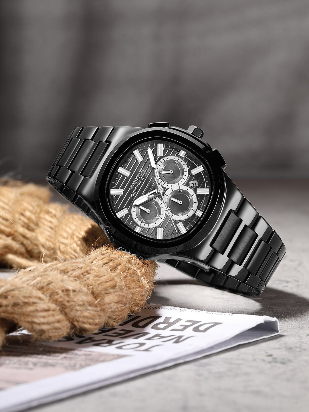French Connection Zener | Chronograph | Date Black Round Dial | Black Stainless Steel Strap | Texture Feature Wrist Watch for Men - FCM05BM
