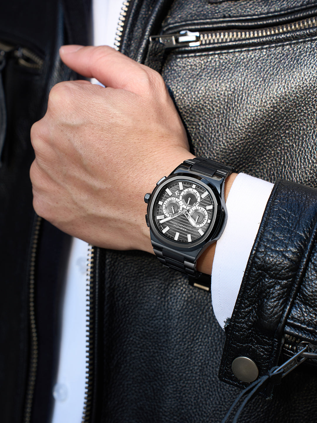 French Connection Zener | Chronograph | Date Black Round Dial | Black Stainless Steel Strap | Texture Feature Wrist Watch for Men - FCM05BM