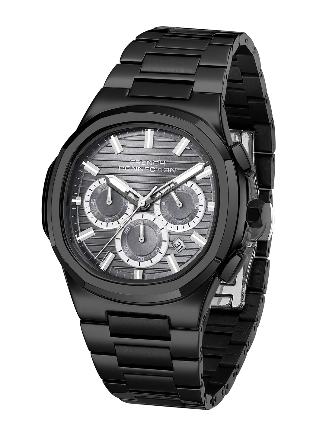French Connection Zener | Chronograph | Date Black Round Dial | Black Stainless Steel Strap | Texture Feature Wrist Watch for Men - FCM05BM