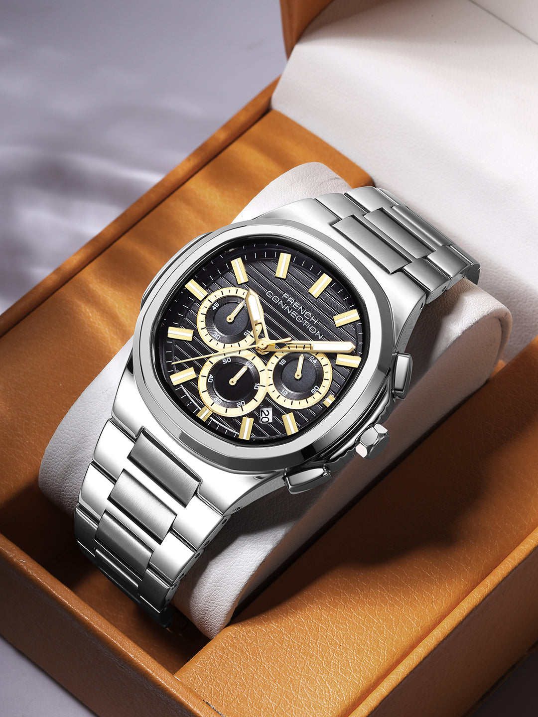 French Connection Zener | Chronograph | Date Black Round Dial | Silver Stainless Steel Strap | Texture Feature Wrist Watch for Men - FCM05BSM