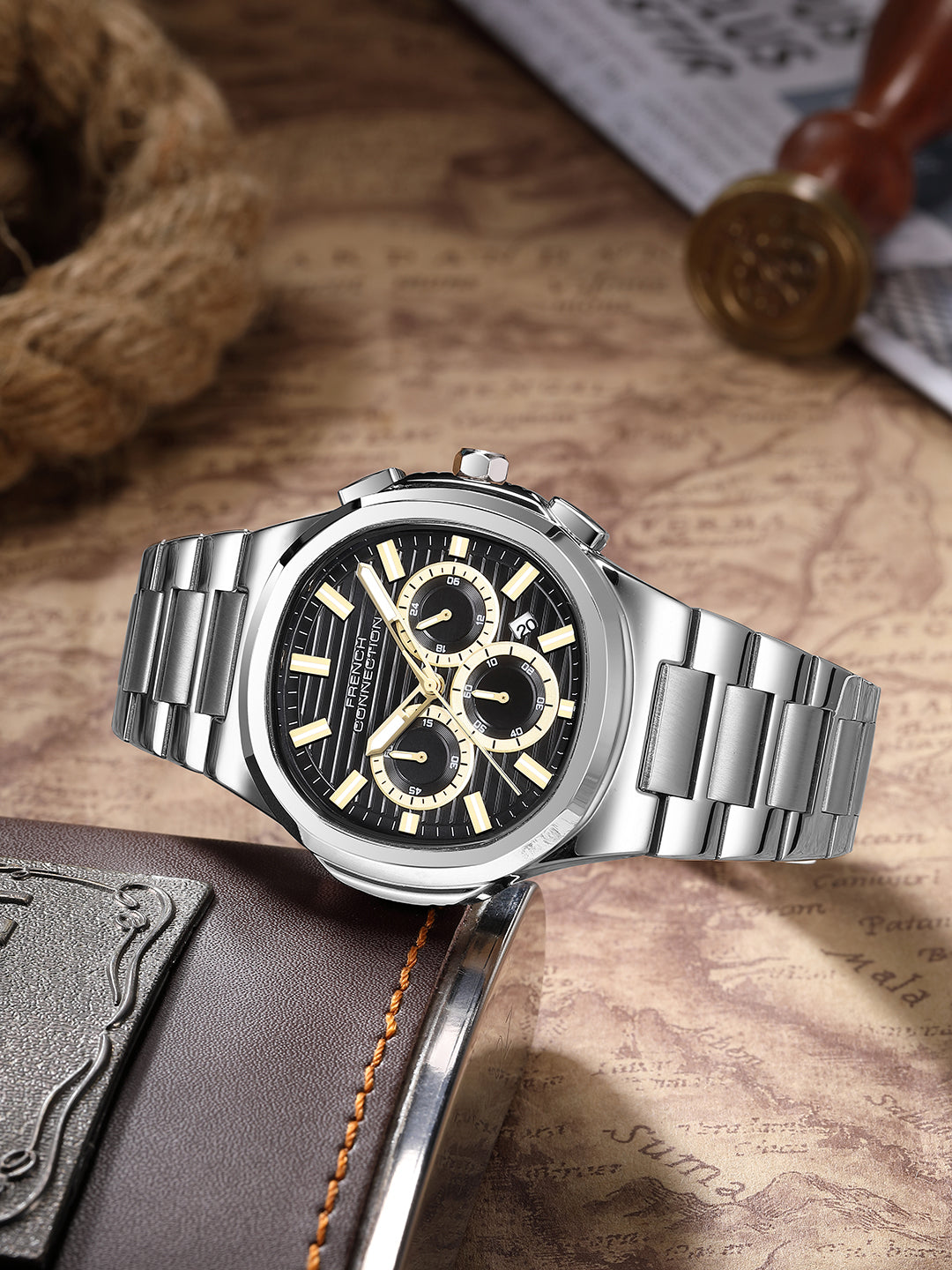 French Connection Zener | Chronograph | Date Black Round Dial | Silver Stainless Steel Strap | Texture Feature Wrist Watch for Men - FCM05BSM