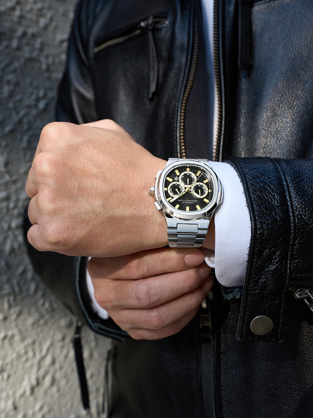 French Connection Zener | Chronograph | Date Black Round Dial | Silver Stainless Steel Strap | Texture Feature Wrist Watch for Men - FCM05BSM