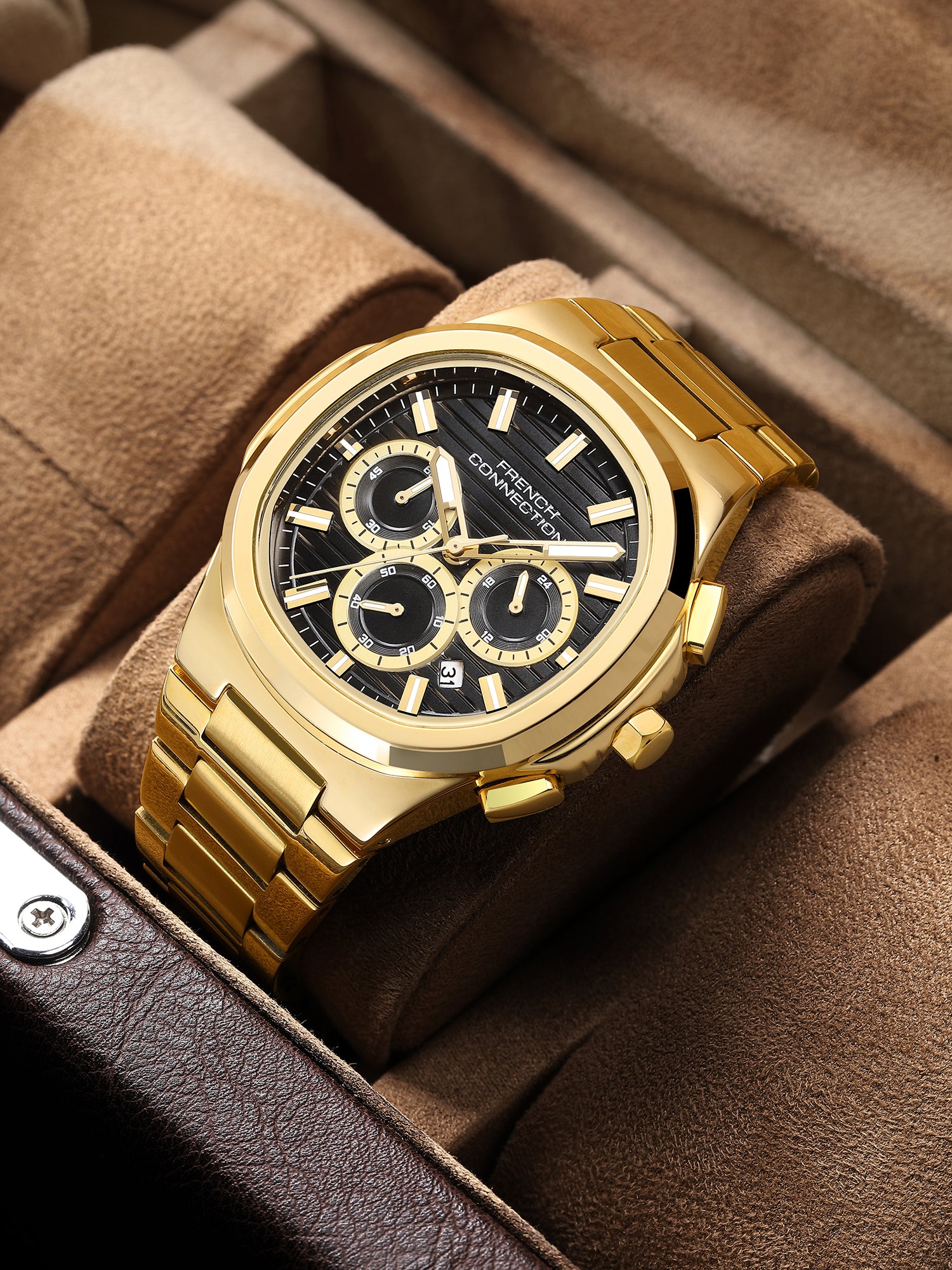 French Connection Zener | Chronograph | Date Black Round Dial | Gold Stainless Steel Strap | Texture Feature Wrist Watch for Men - FCM05GM