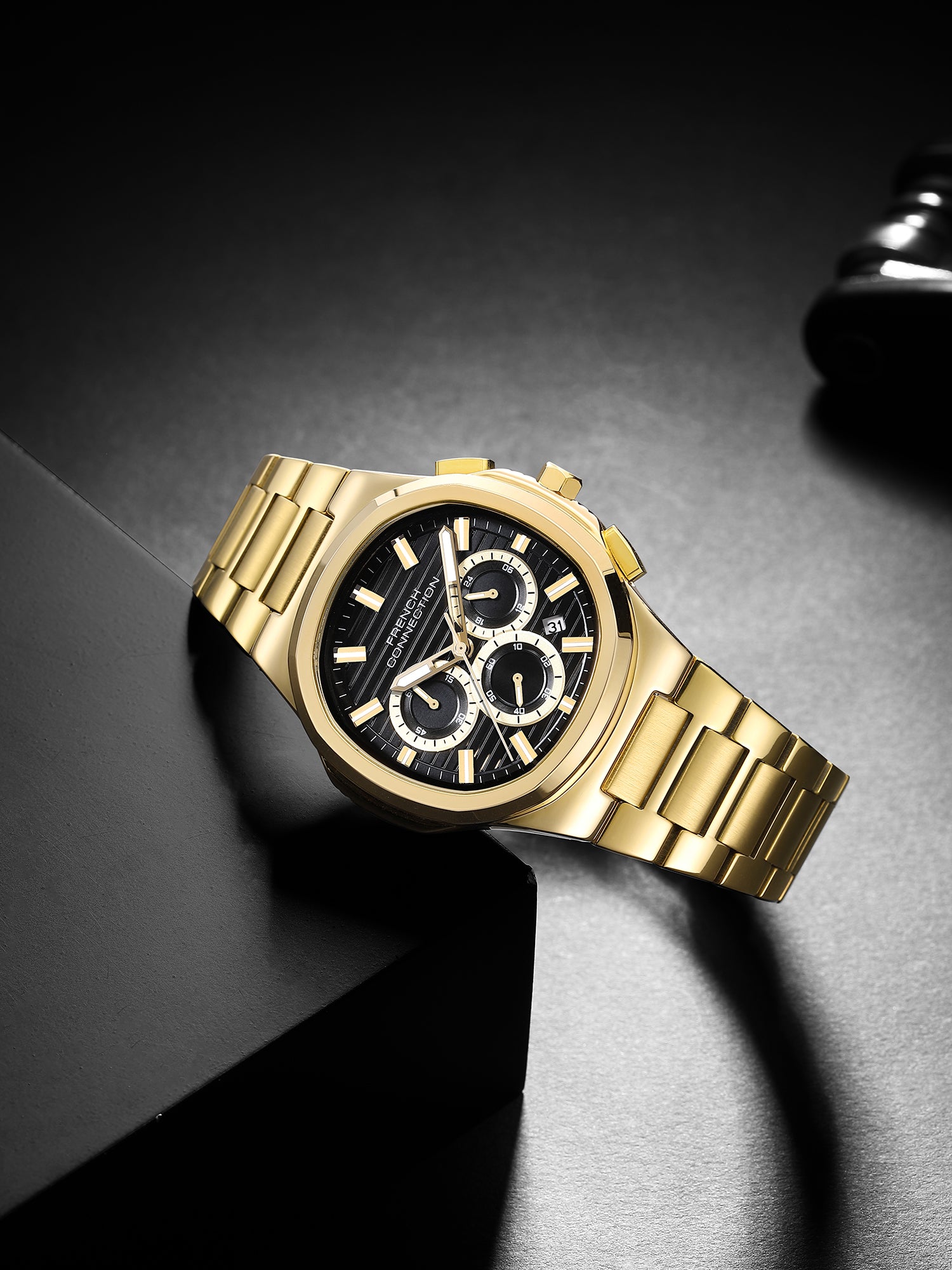 French Connection Zener | Chronograph | Date Black Round Dial | Gold Stainless Steel Strap | Texture Feature Wrist Watch for Men - FCM05GM