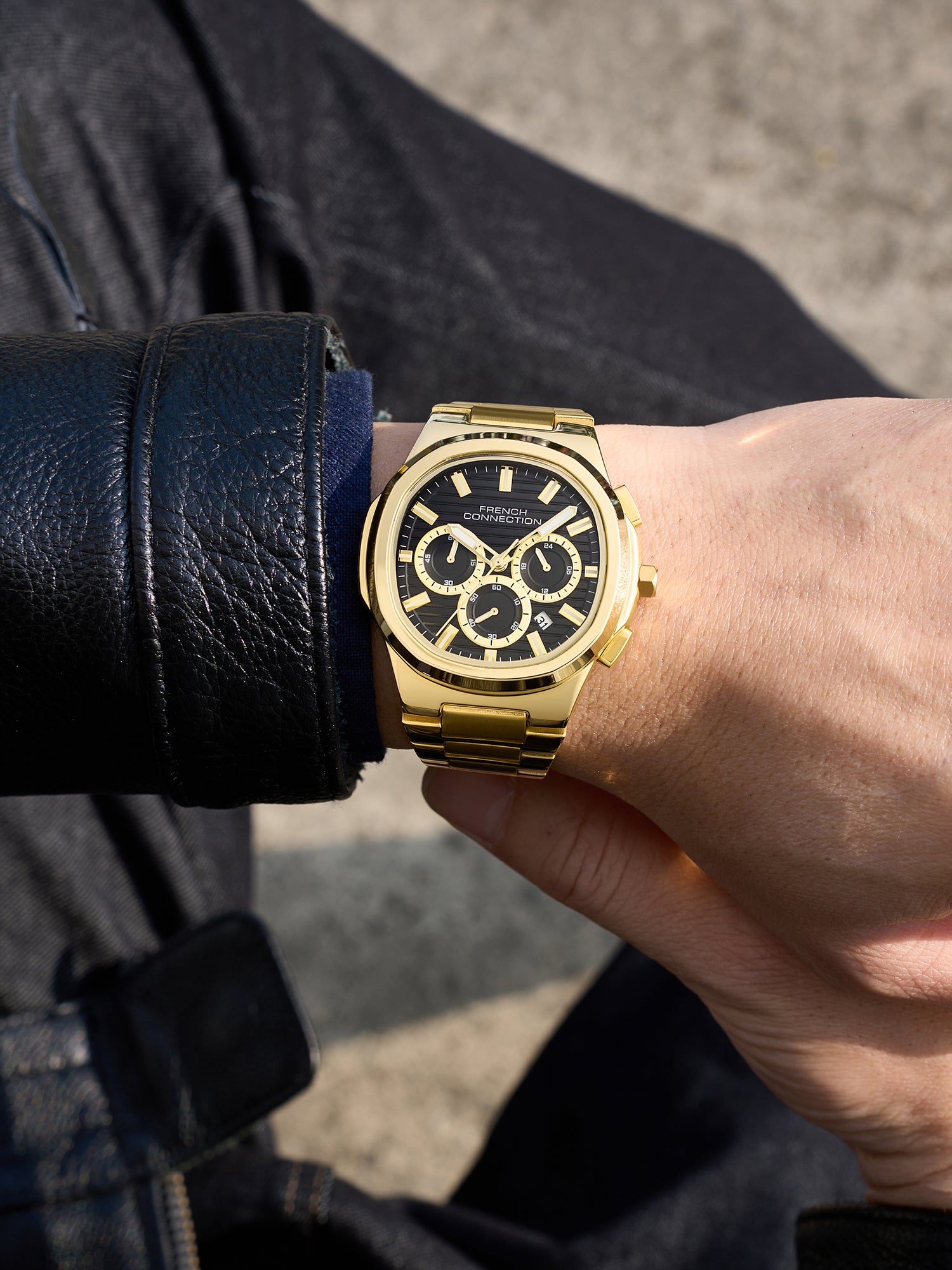 French Connection Zener | Chronograph | Date Black Round Dial | Gold Stainless Steel Strap | Texture Feature Wrist Watch for Men - FCM05GM