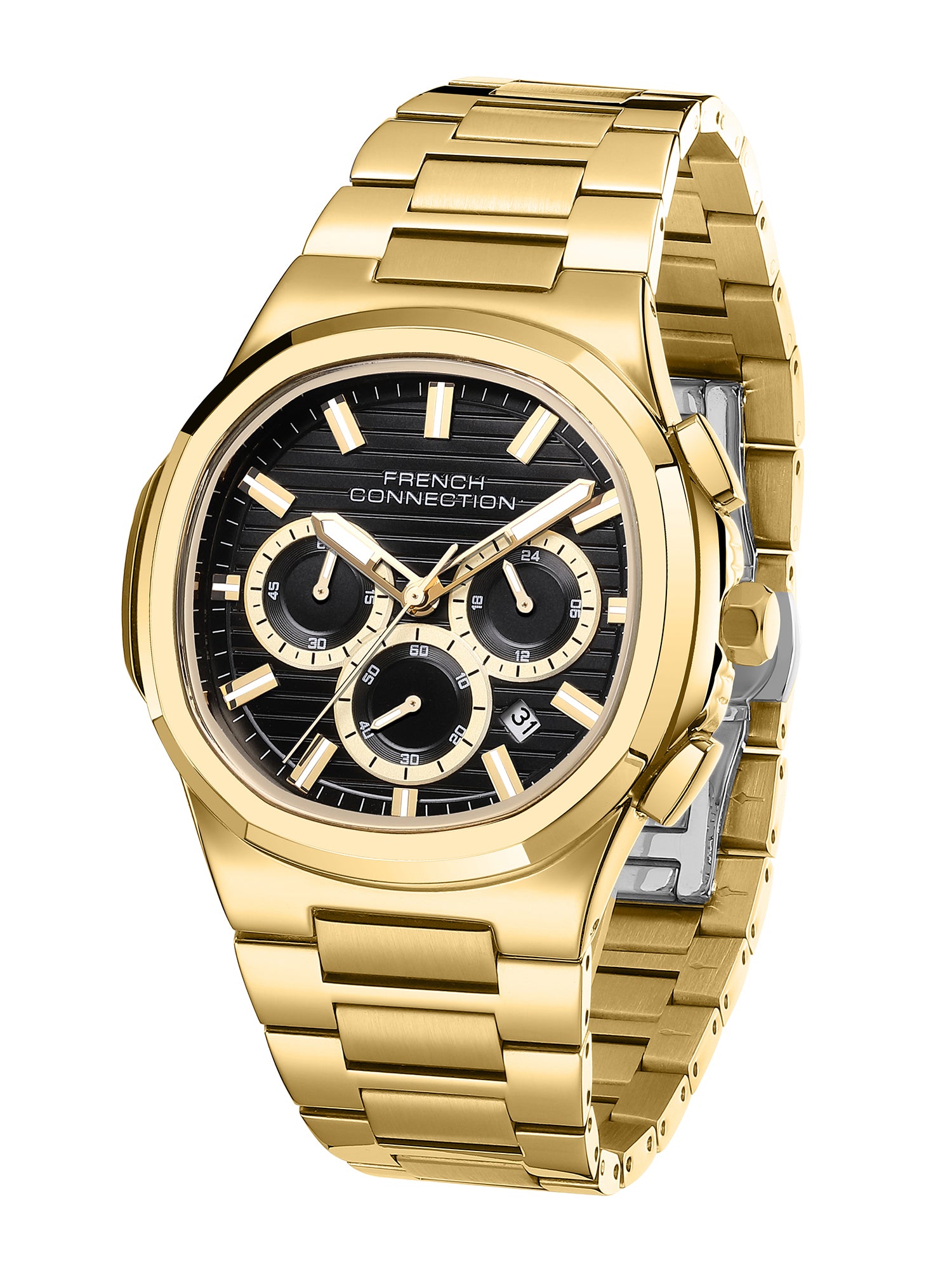 French Connection Zener | Chronograph | Date Black Round Dial | Gold Stainless Steel Strap | Texture Feature Wrist Watch for Men - FCM05GM