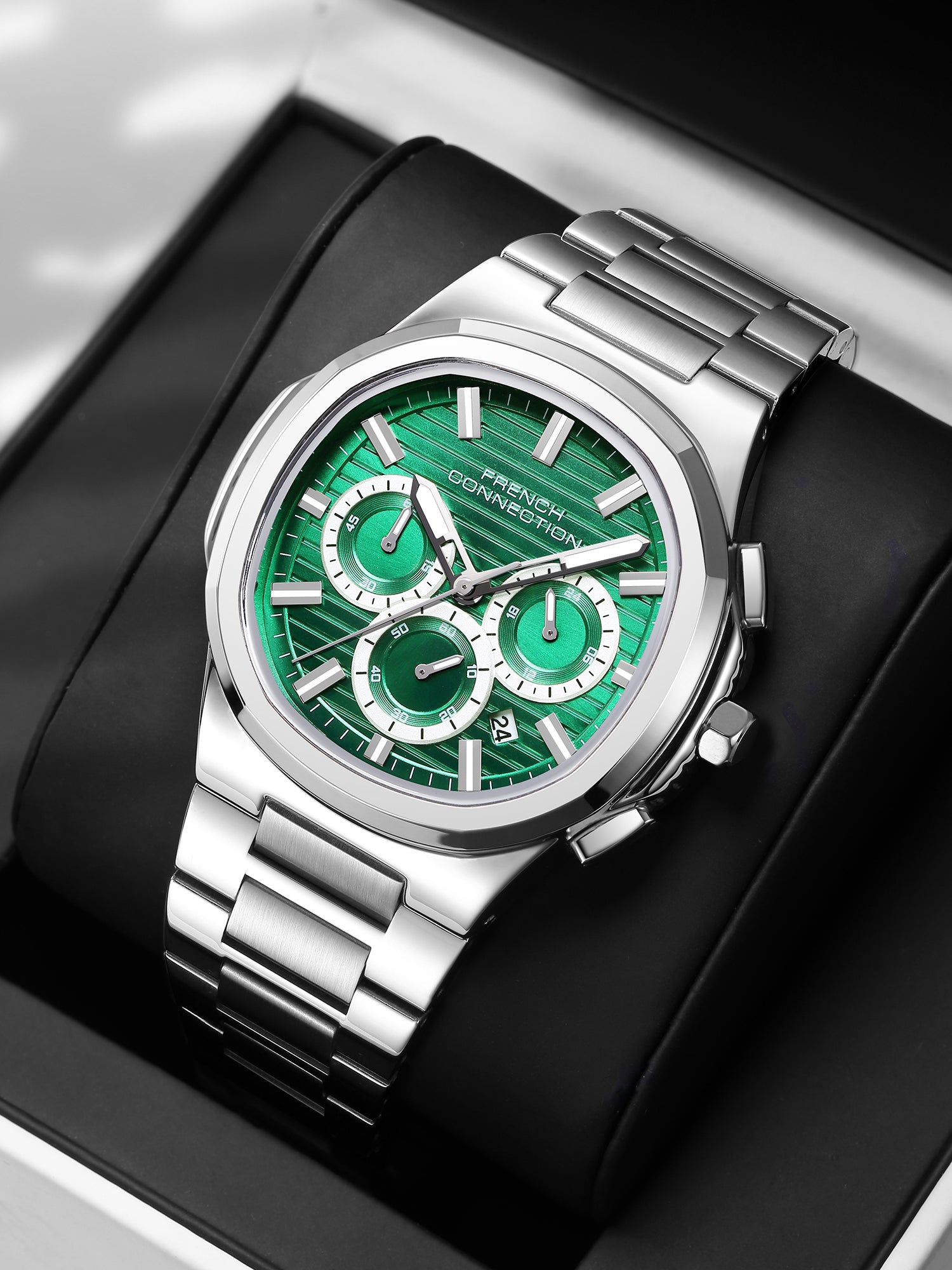 French Connection Zener | Quartz Chronograph | Green Dial | Silver Stainless Steel Strap | Watch for Men - FCM05NSM