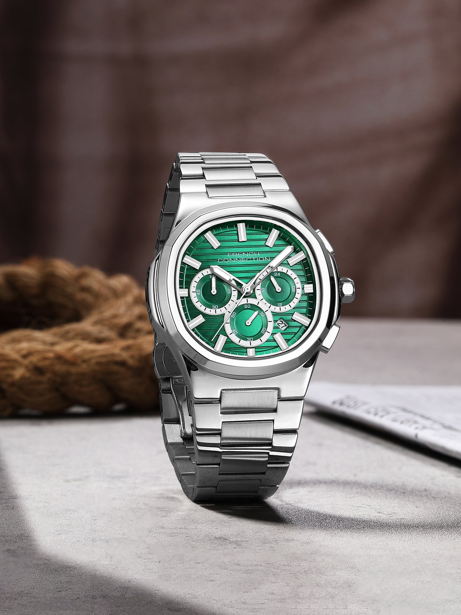 French Connection Zener | Quartz Chronograph | Green Dial | Silver Stainless Steel Strap | Watch for Men - FCM05NSM