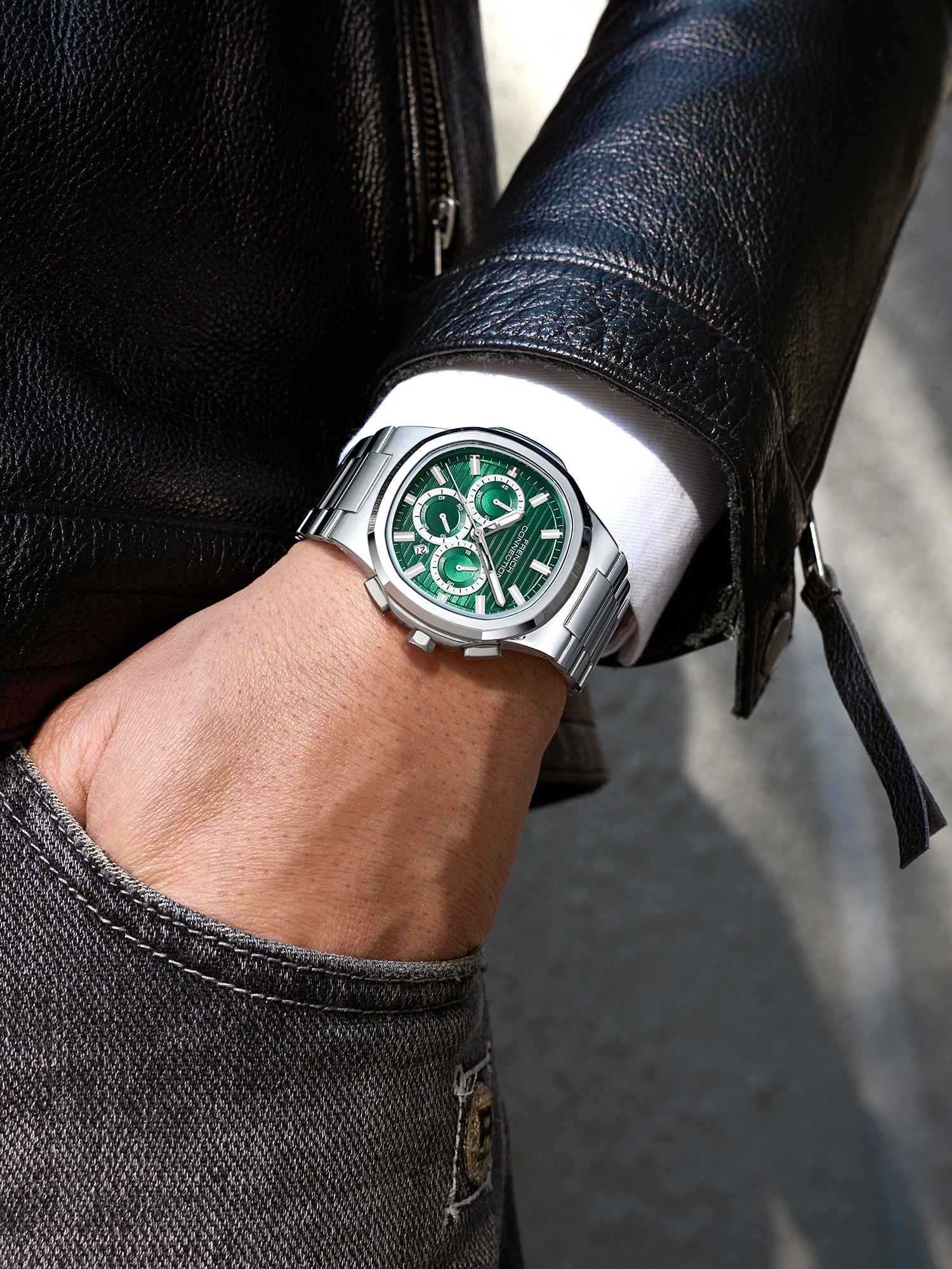 French Connection Zener | Quartz Chronograph | Green Dial | Silver Stainless Steel Strap | Watch for Men - FCM05NSM