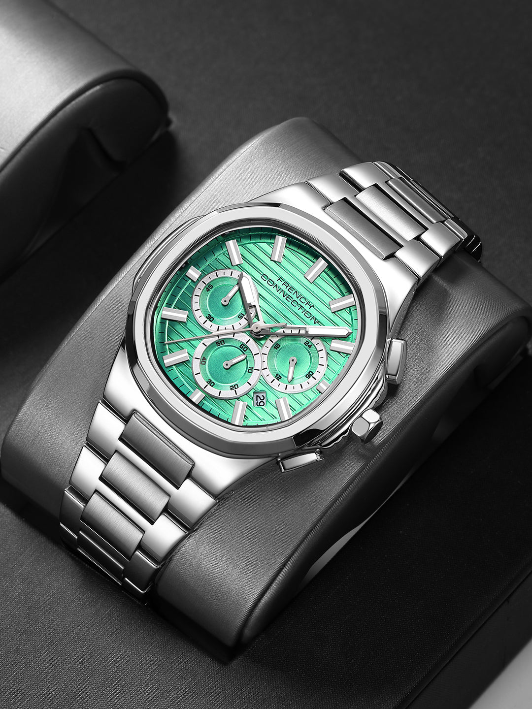 French Connection Zener | Chronograph | Date Green Round Dial | Stainless Steel Strap | Texture Feature Wrist Watch for Men - FCM05SM