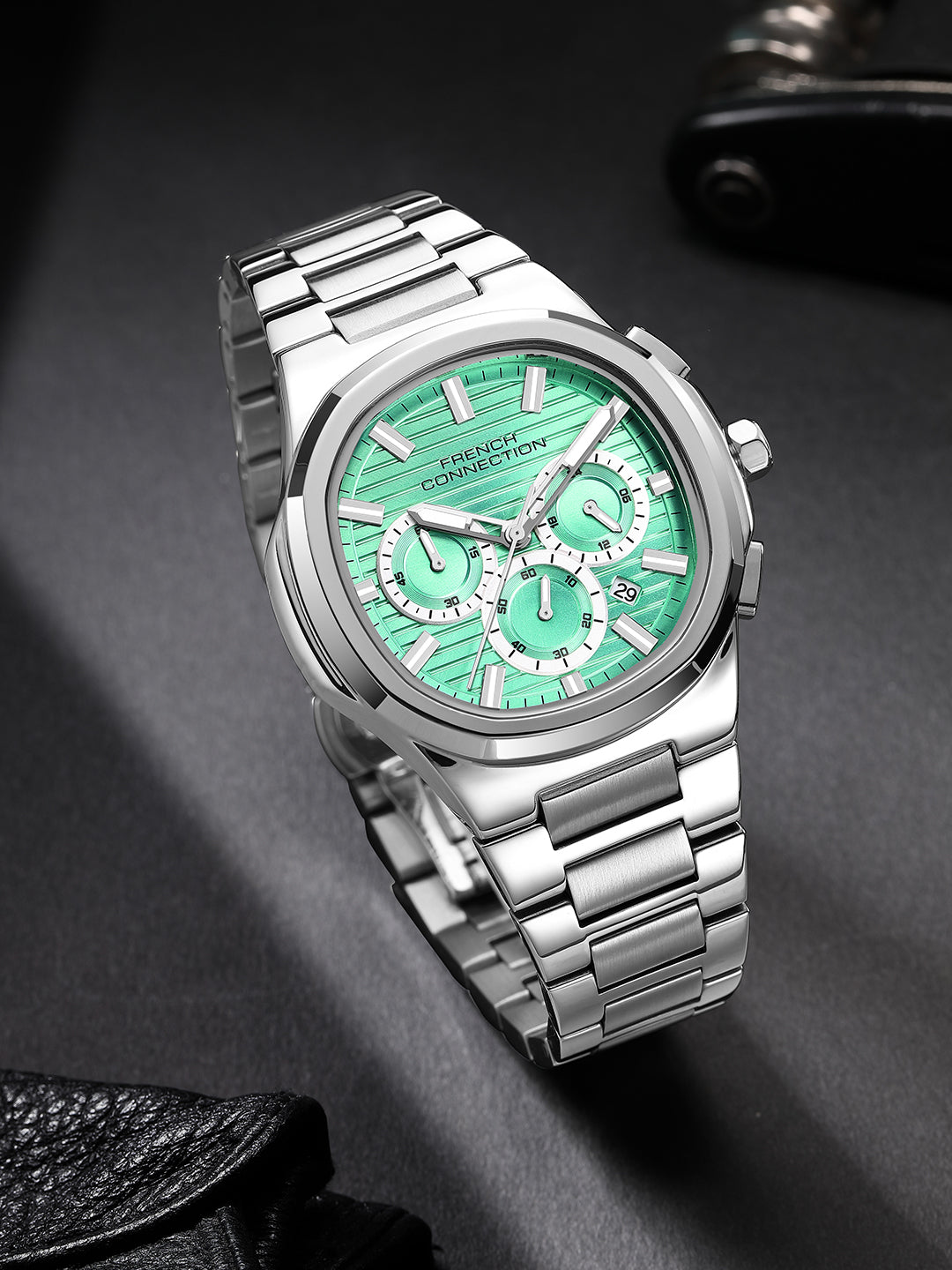 French Connection Zener | Chronograph | Date Green Round Dial | Stainless Steel Strap | Texture Feature Wrist Watch for Men - FCM05SM