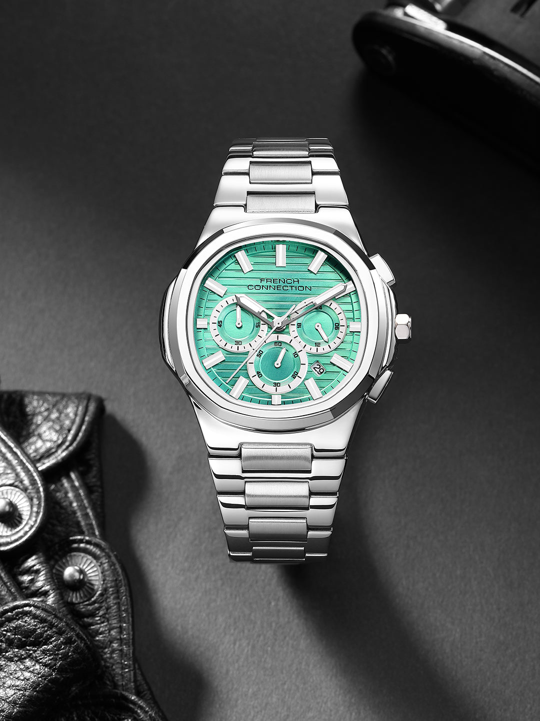 French Connection Zener | Chronograph | Date Green Round Dial | Stainless Steel Strap | Texture Feature Wrist Watch for Men - FCM05SM